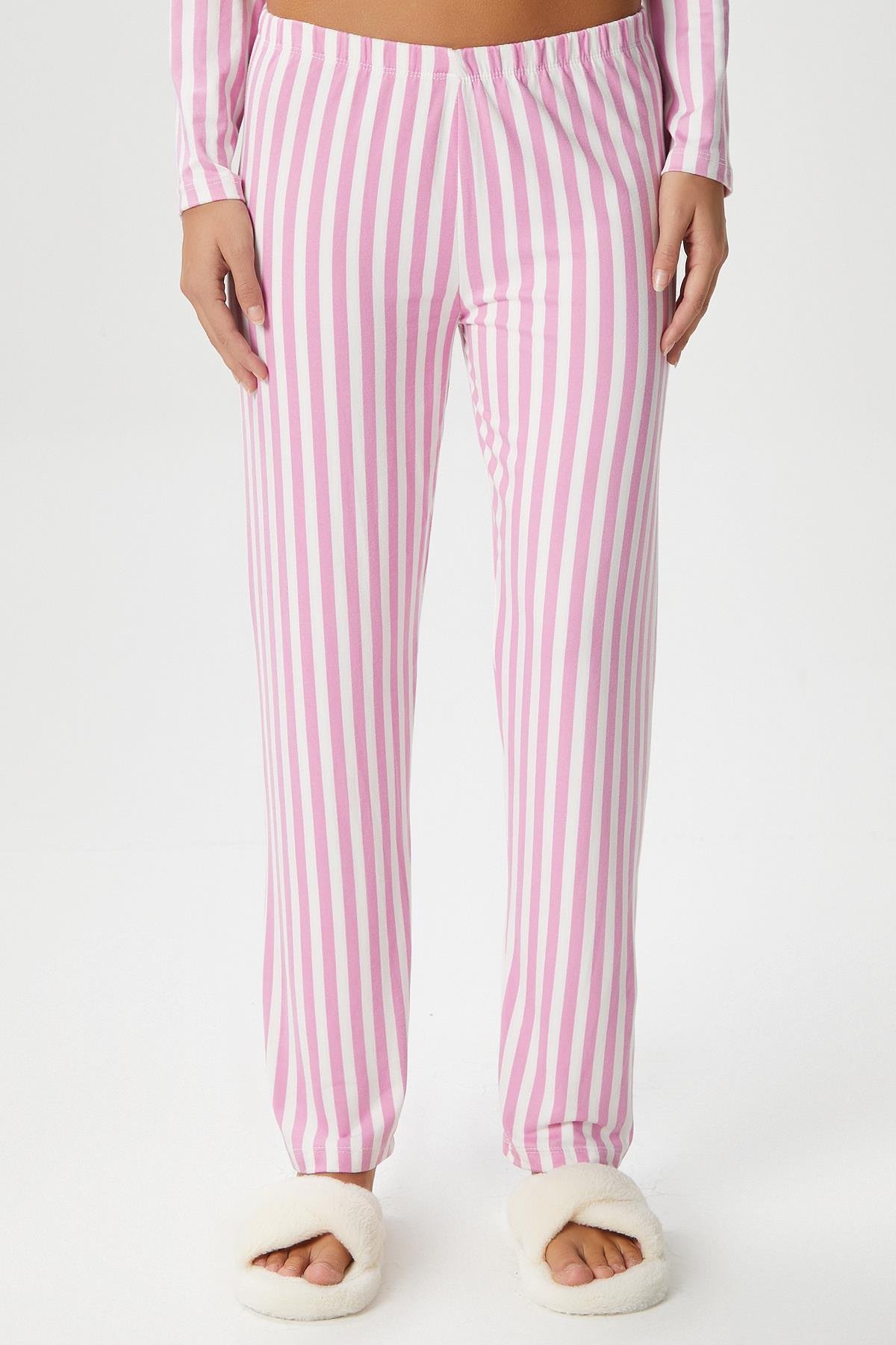 Kadın Secret Extra Soft Pembe Beyaz  Çizgili Pijama Takım