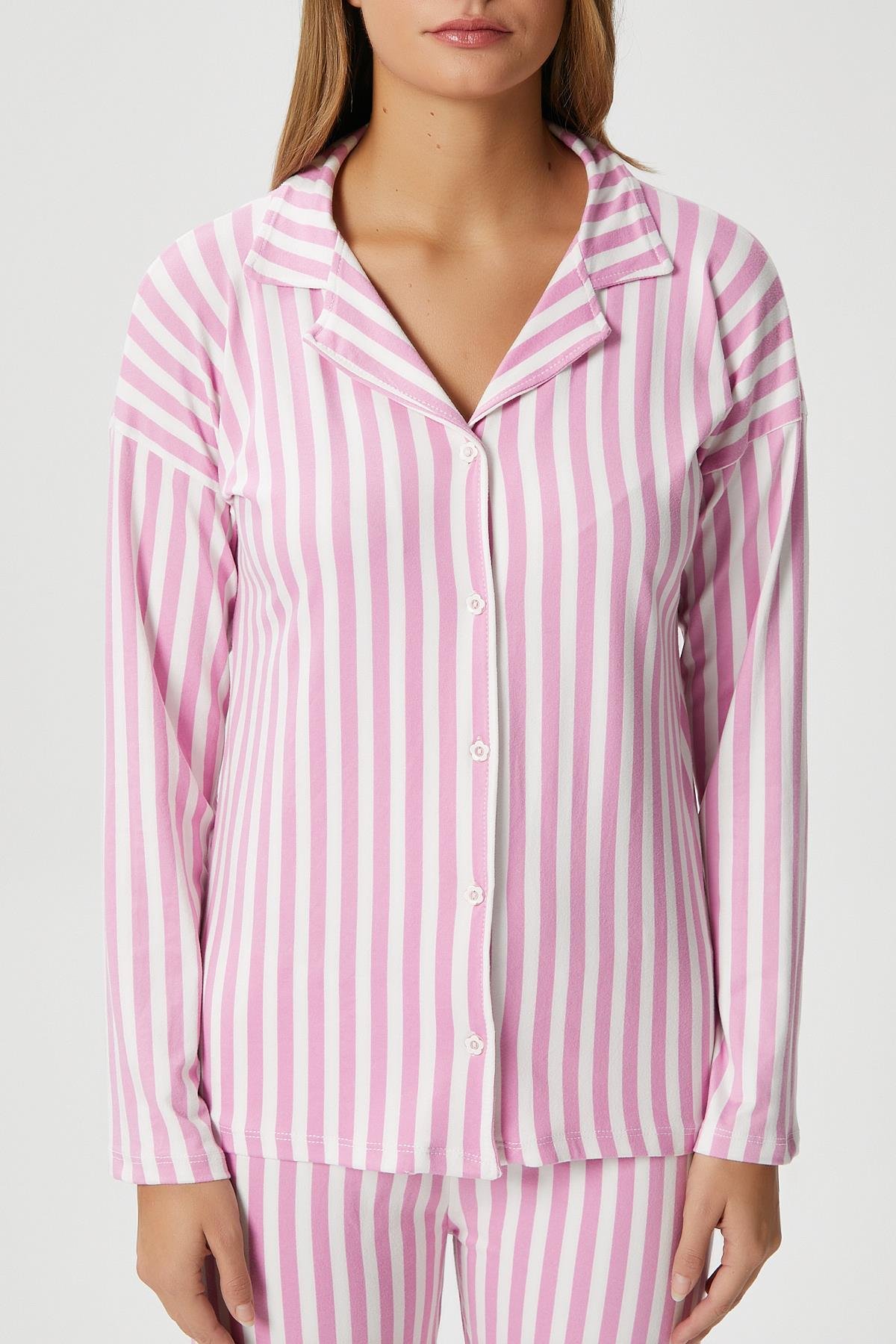 Kadın Secret Extra Soft Pembe Beyaz  Çizgili Pijama Takım