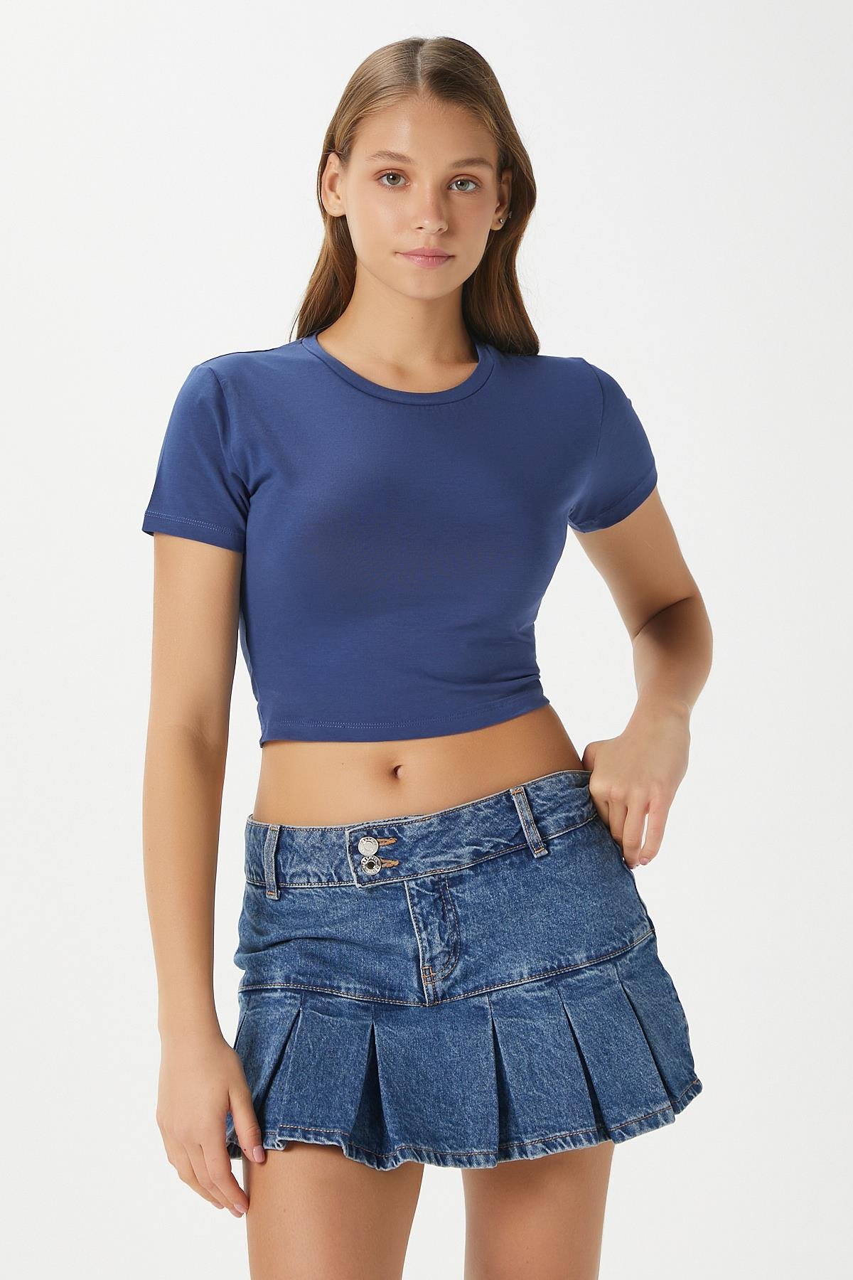Kadın Serra %100 Pamuk Lacivert Crop Top