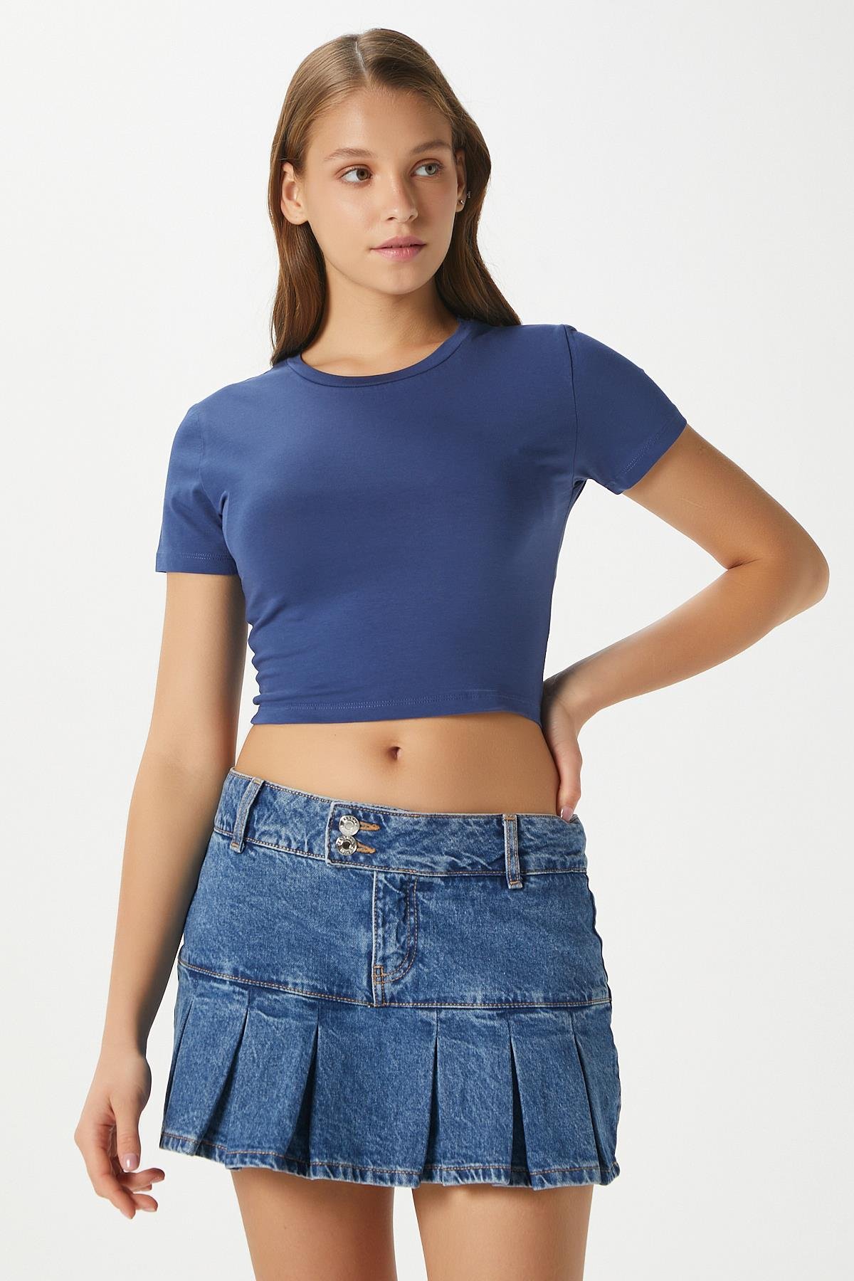 Kadın Serra %100 Pamuk Lacivert Crop Top