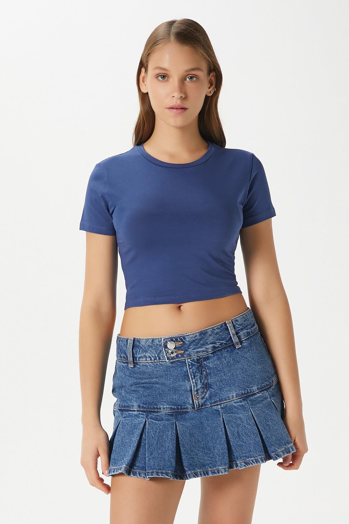 Kadın Serra %100 Pamuk Lacivert Crop Top