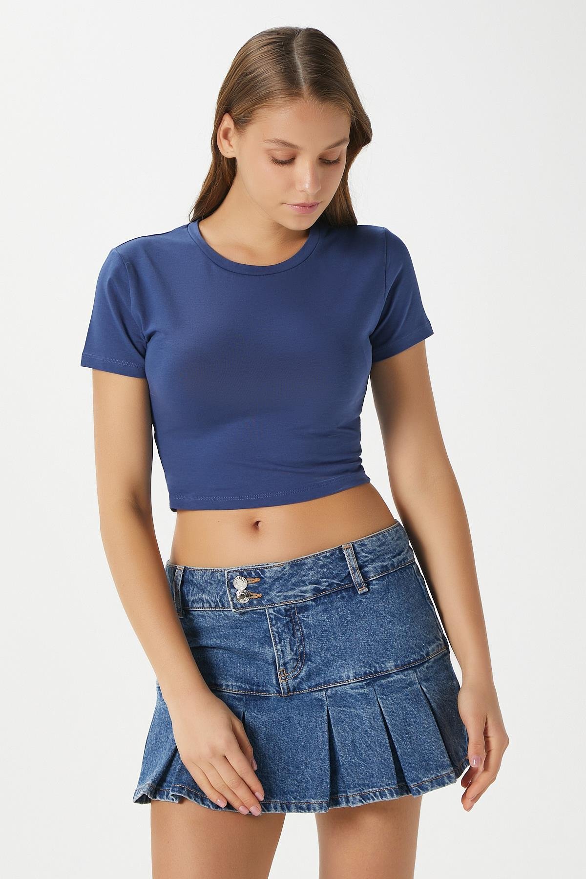 Kadın Serra %100 Pamuk Lacivert Crop Top