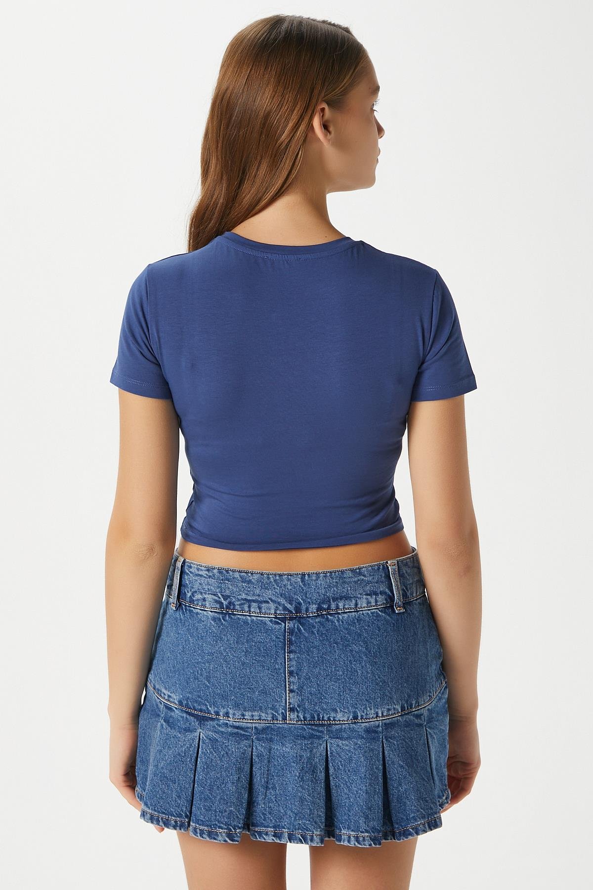 Kadın Serra %100 Pamuk Lacivert Crop Top