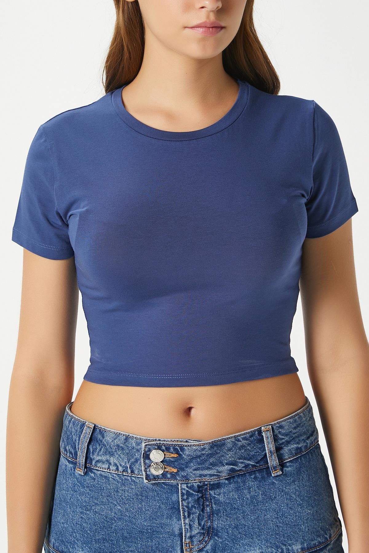 Kadın Serra %100 Pamuk Lacivert Crop Top