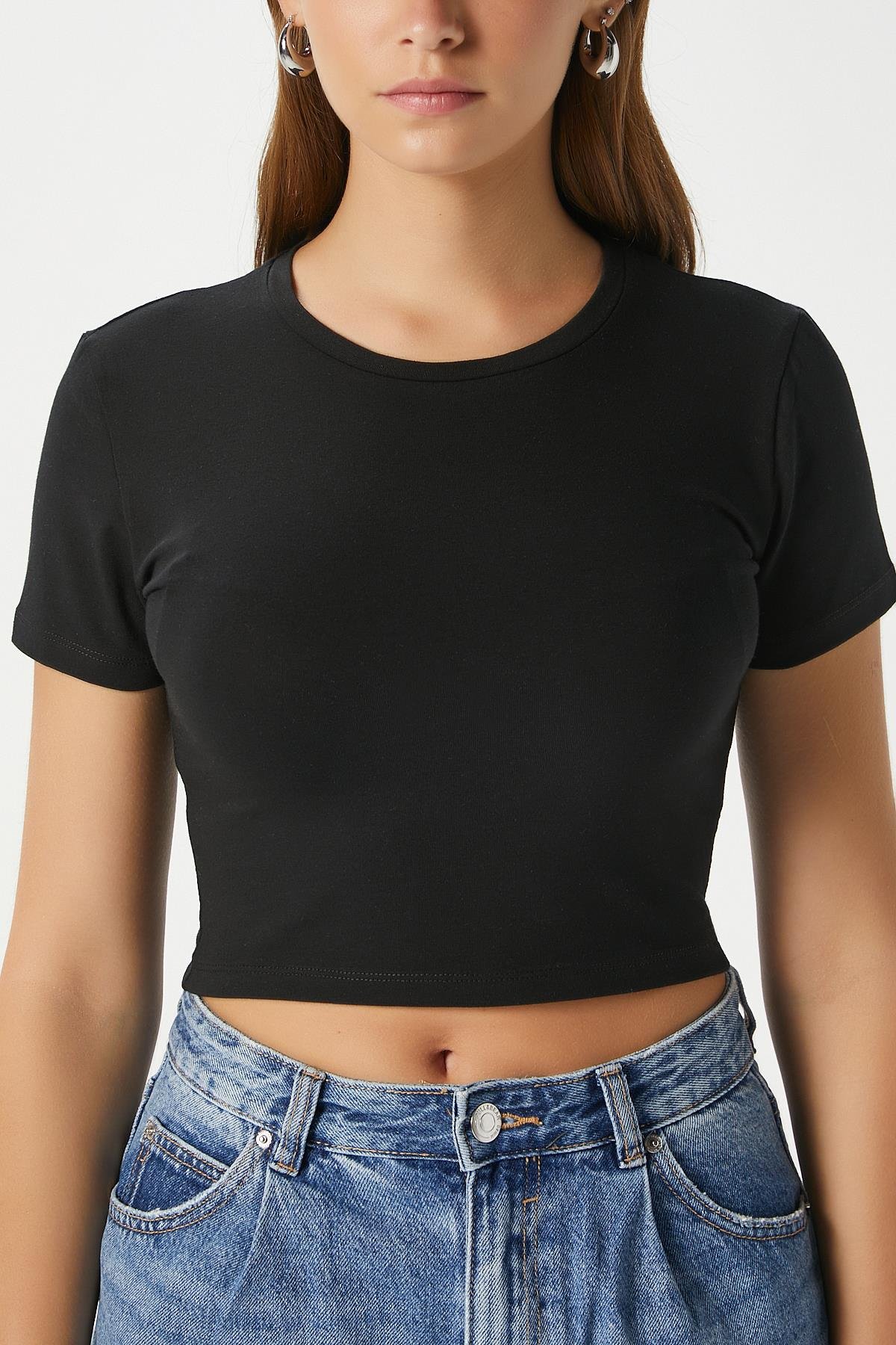 Kadın Serra %100 Pamuk Siyah Crop Top