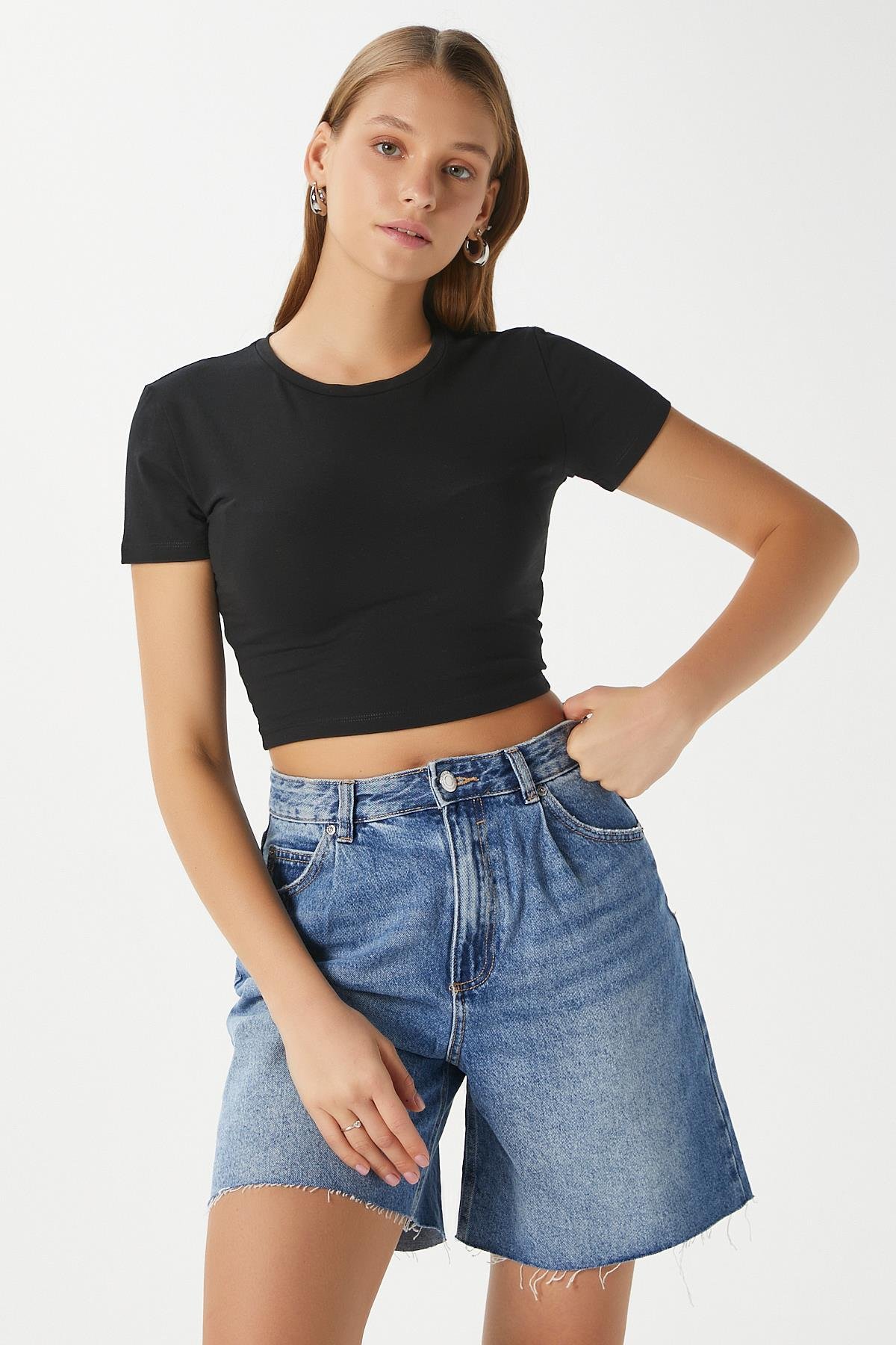 Kadın Serra %100 Pamuk Siyah Crop Top