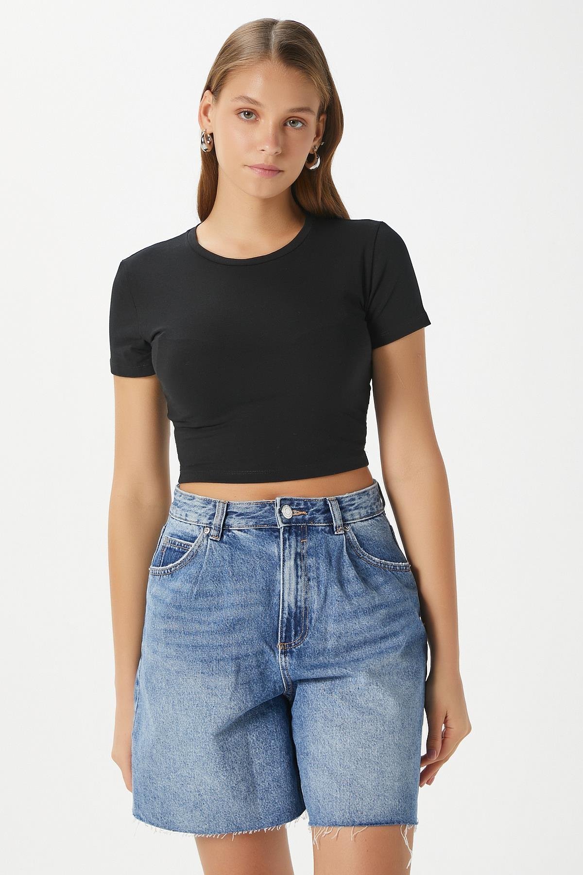 Kadın Serra %100 Pamuk Siyah Crop Top