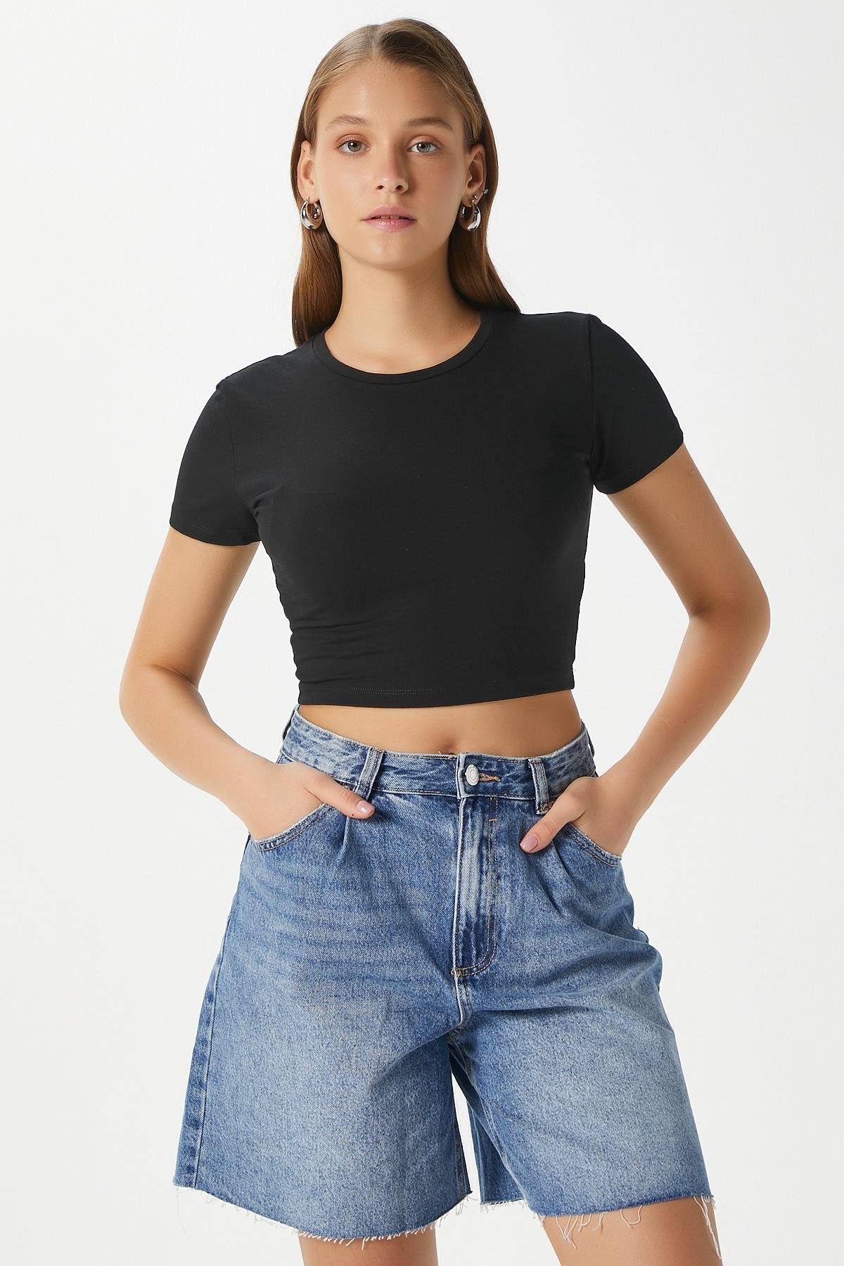 Kadın Serra %100 Pamuk Siyah Crop Top