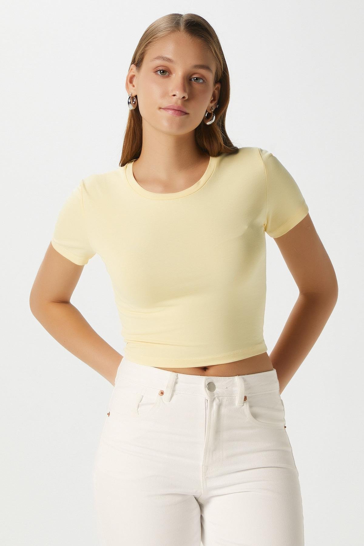 Kadın Serra %100 Pamuk Tereyağ Sarısı Crop Top