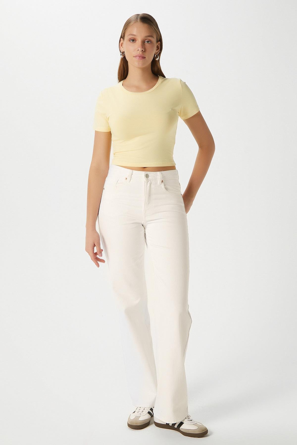Kadın Serra %100 Pamuk Tereyağ Sarısı Crop Top