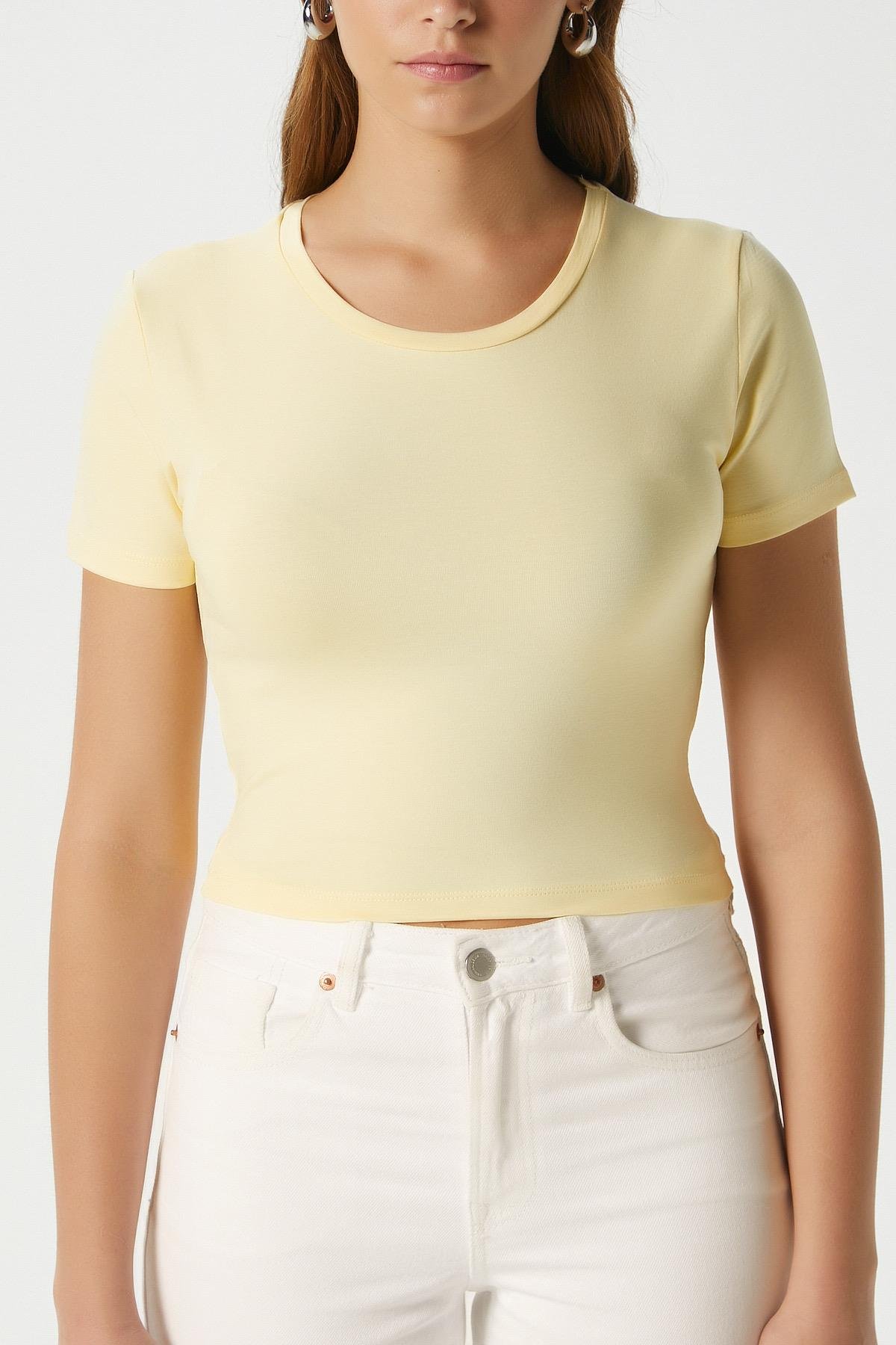 Kadın Serra %100 Pamuk Tereyağ Sarısı Crop Top