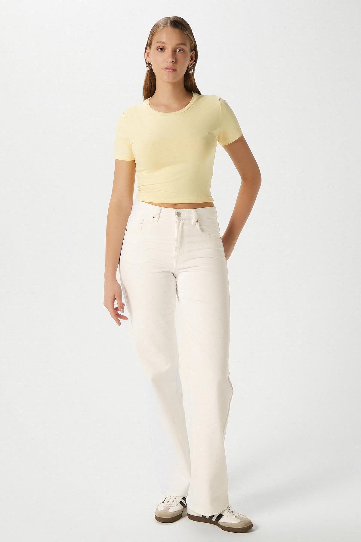 Kadın Serra %100 Pamuk Tereyağ Sarısı Crop Top