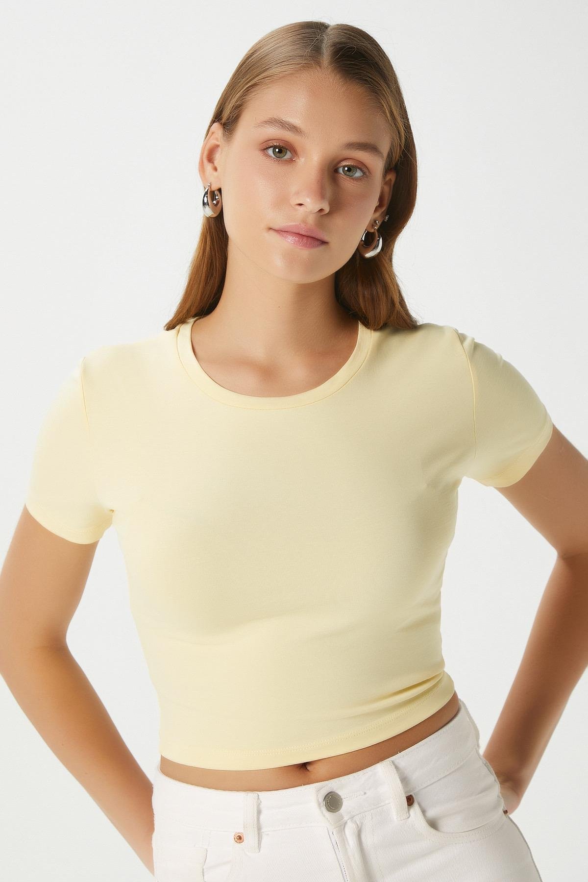 Kadın Serra %100 Pamuk Tereyağ Sarısı Crop Top