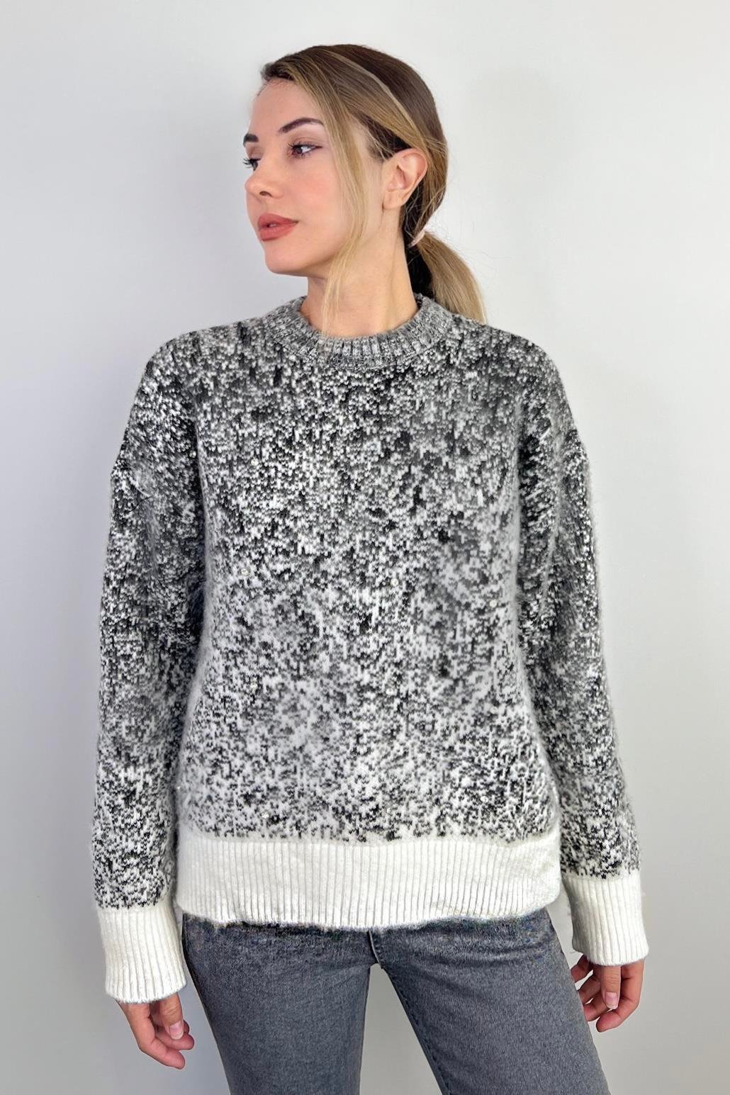 Kadın Snowy Tüylü Füme Krem Taşlı Kazak