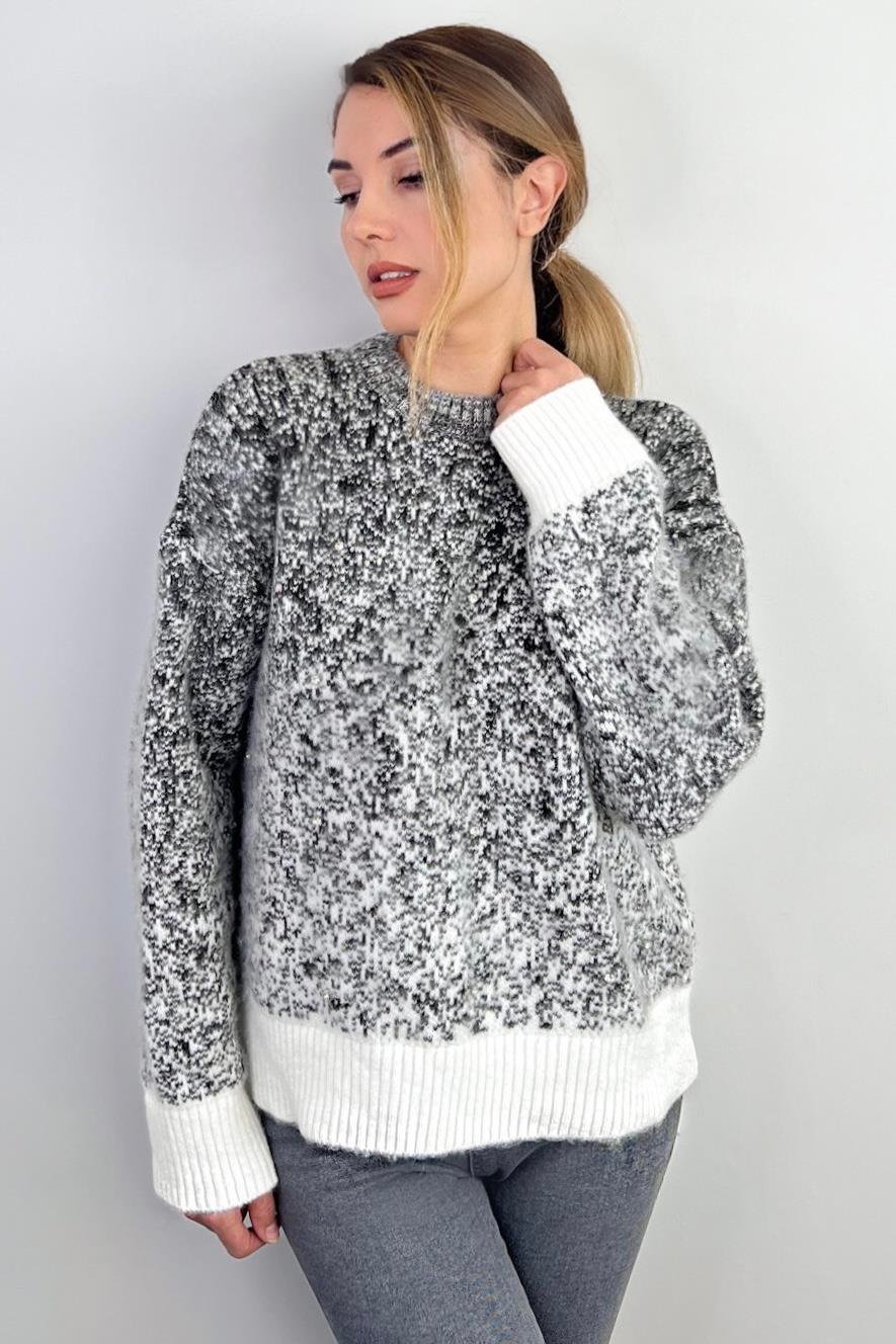 Kadın Snowy Tüylü Füme Krem Taşlı Kazak