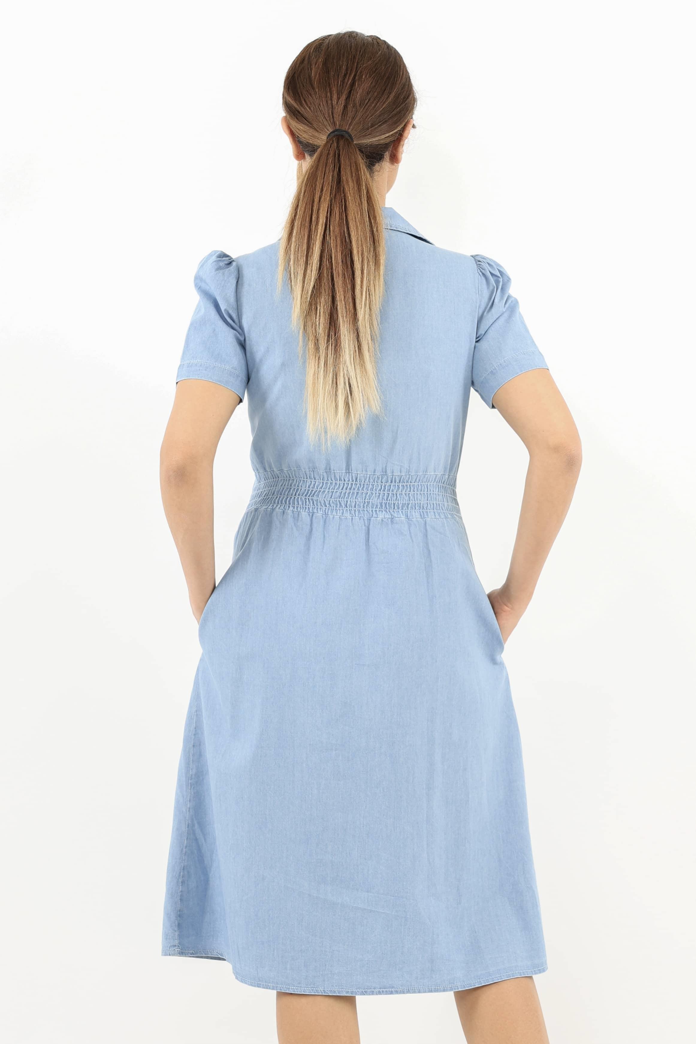 Kadın Soft Denim Bel Lastikli Fior Açık Mavi İnce Pamuk Elbise