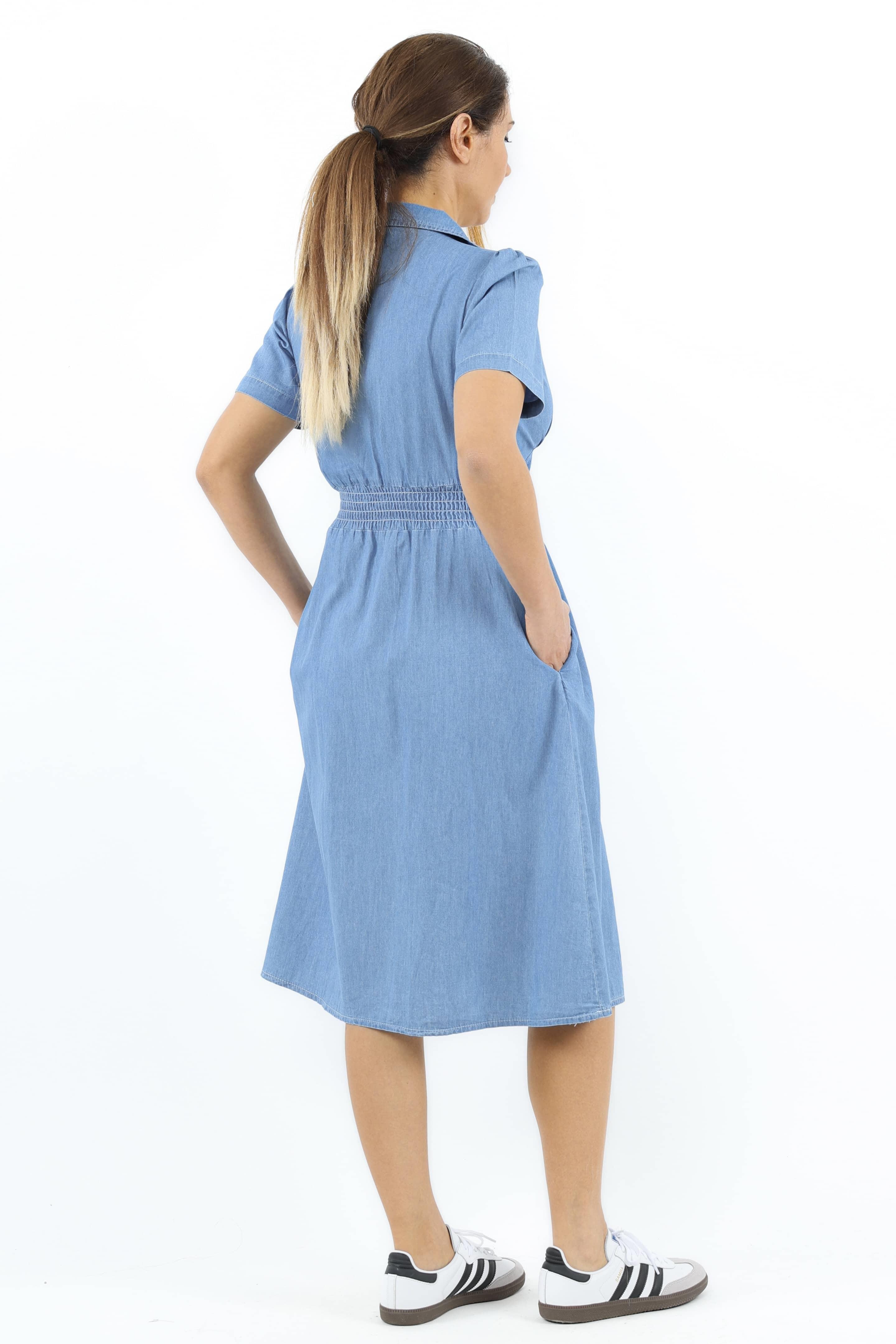 Kadın Soft Denim Bel Lastikli Fior Koyu Mavi İnce Pamuk Elbise