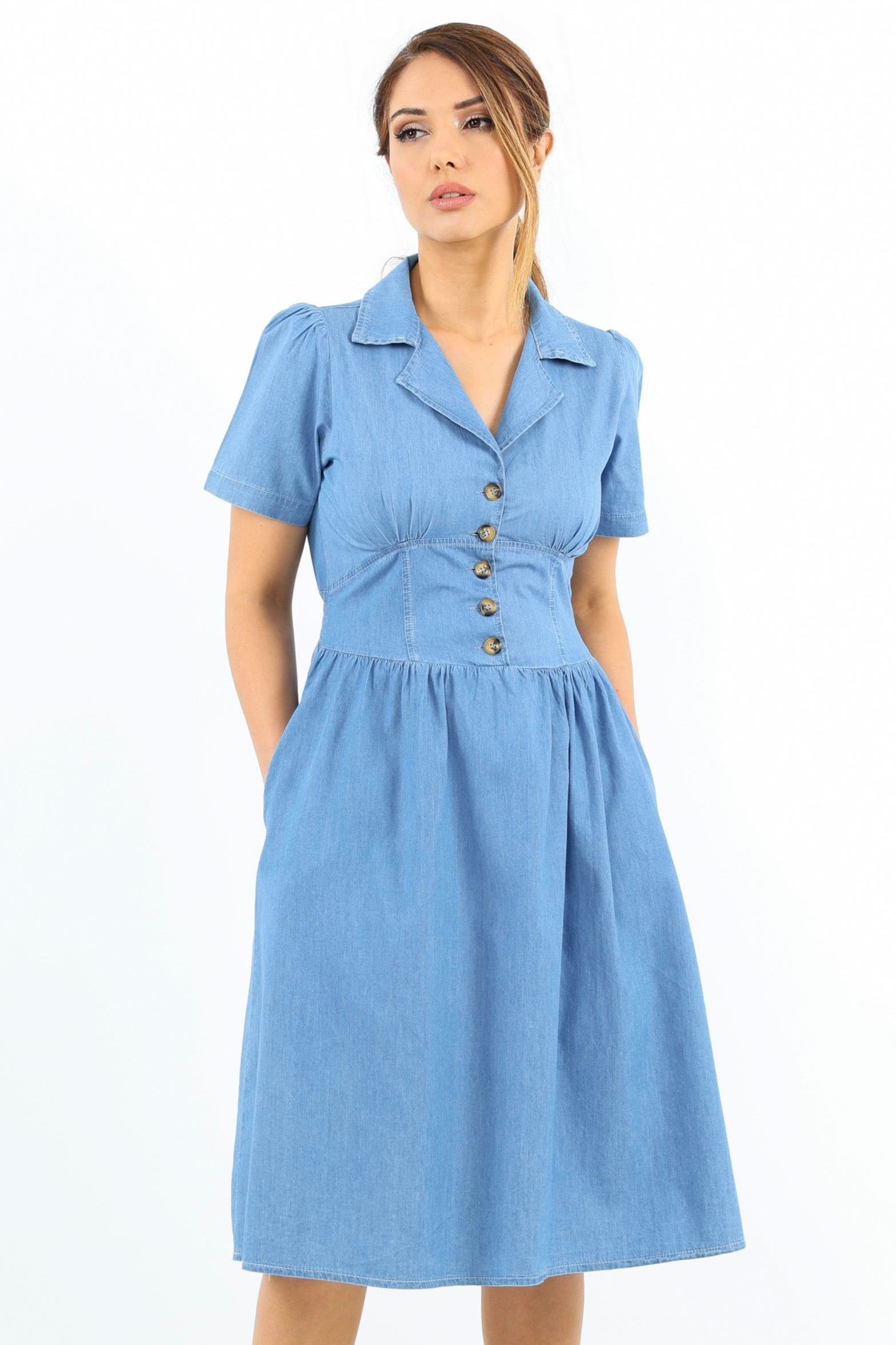 Kadın Soft Denim Bel Lastikli Fior Koyu Mavi İnce Pamuk Elbise