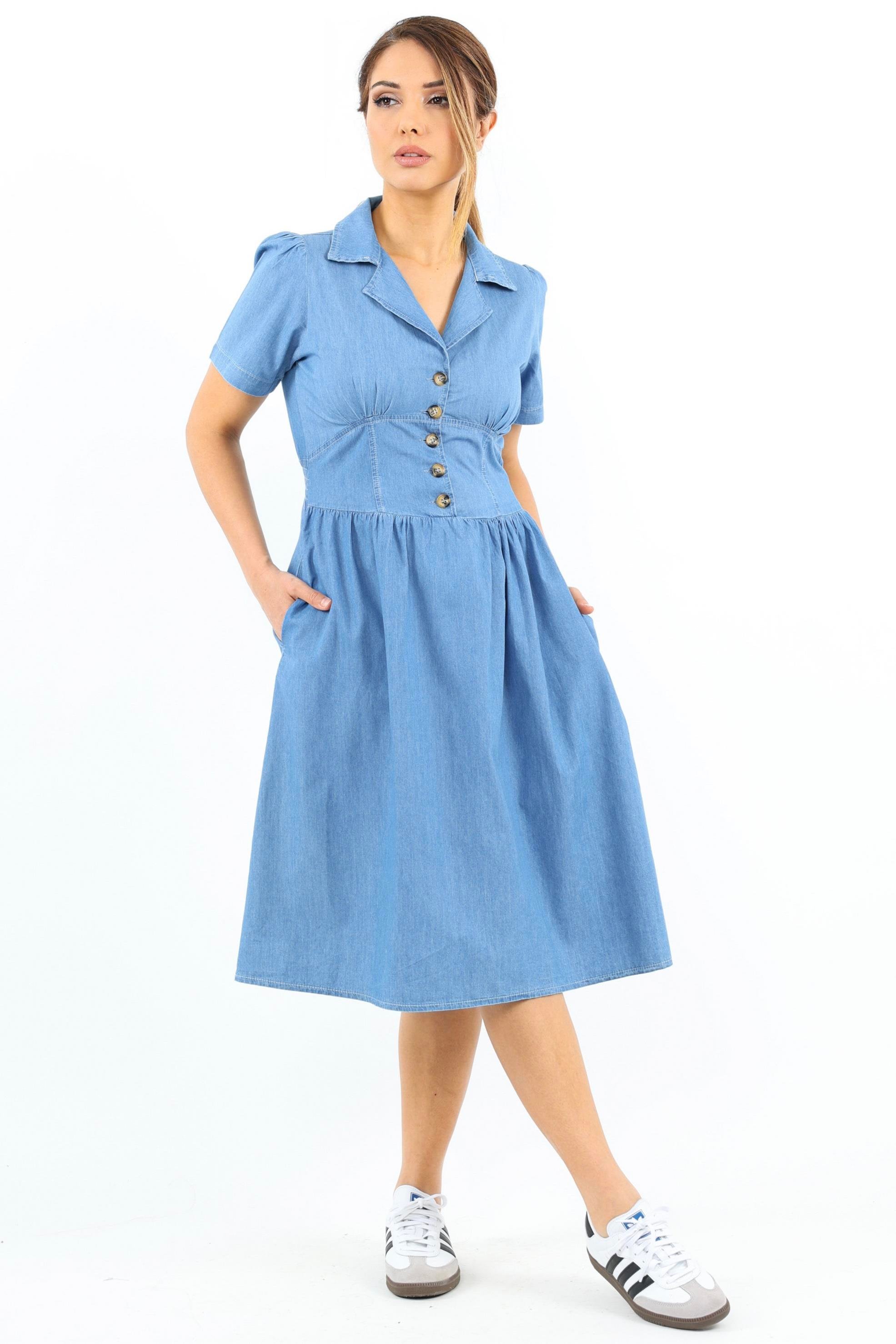 Kadın Soft Denim Bel Lastikli Fior Koyu Mavi İnce Pamuk Elbise