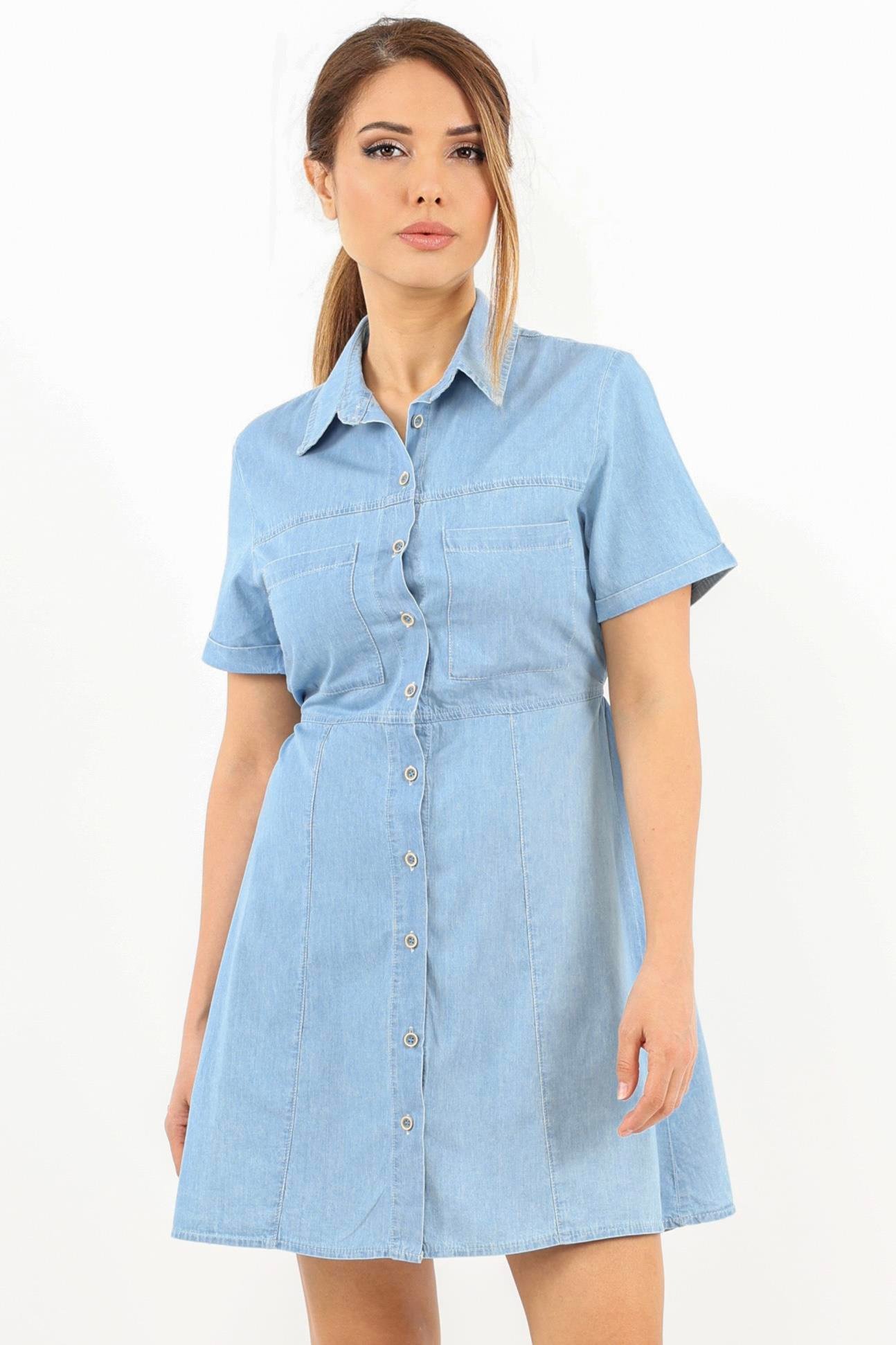Kadın Soft Denim Bel Lastikli Serta Açık Mavi İnce Pamuk Elbise