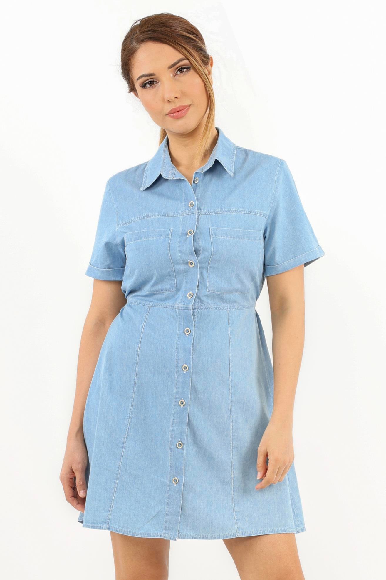 Kadın Soft Denim Bel Lastikli Serta Açık Mavi İnce Pamuk Elbise