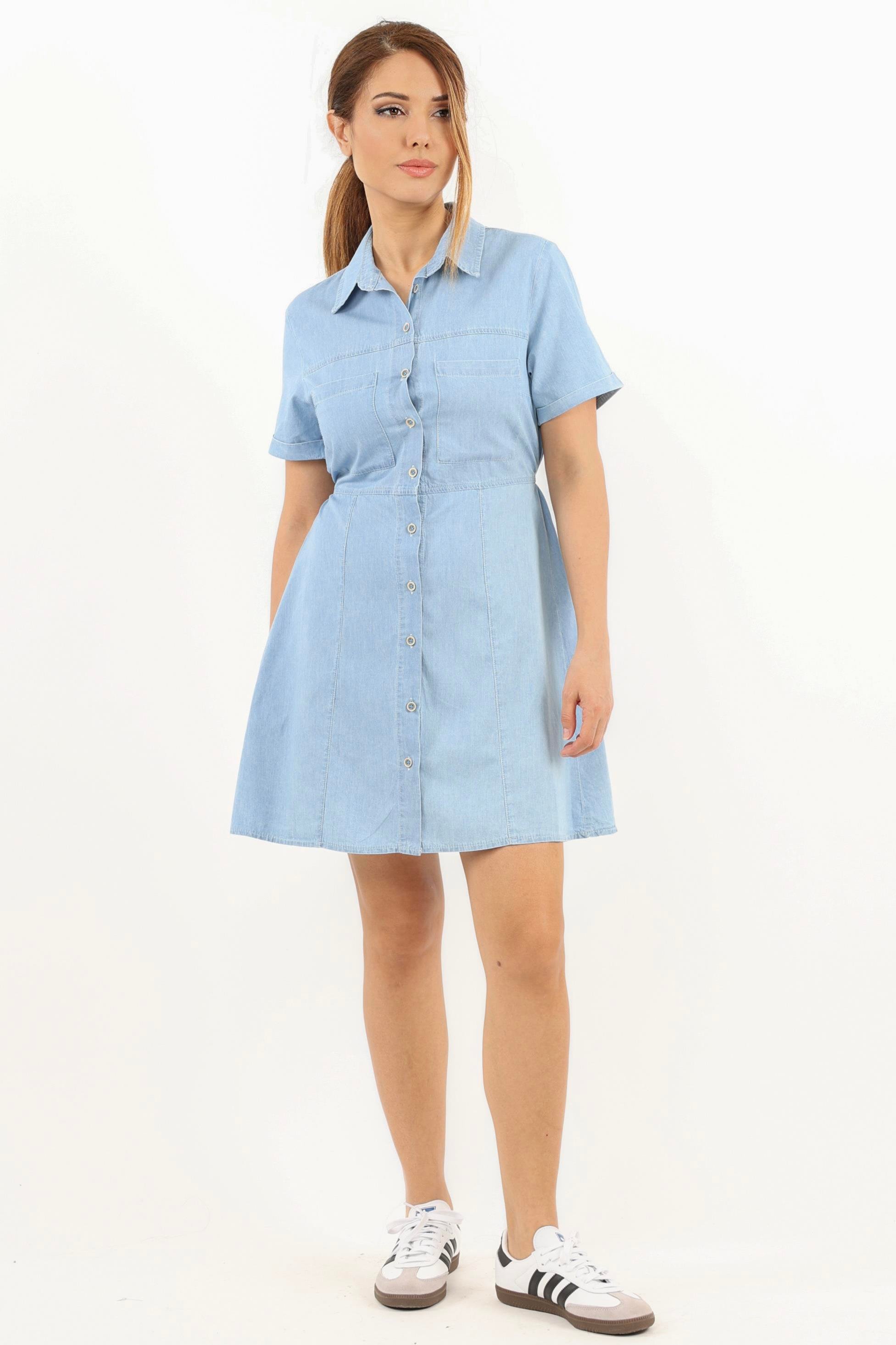Kadın Soft Denim Bel Lastikli Serta Açık Mavi İnce Pamuk Elbise