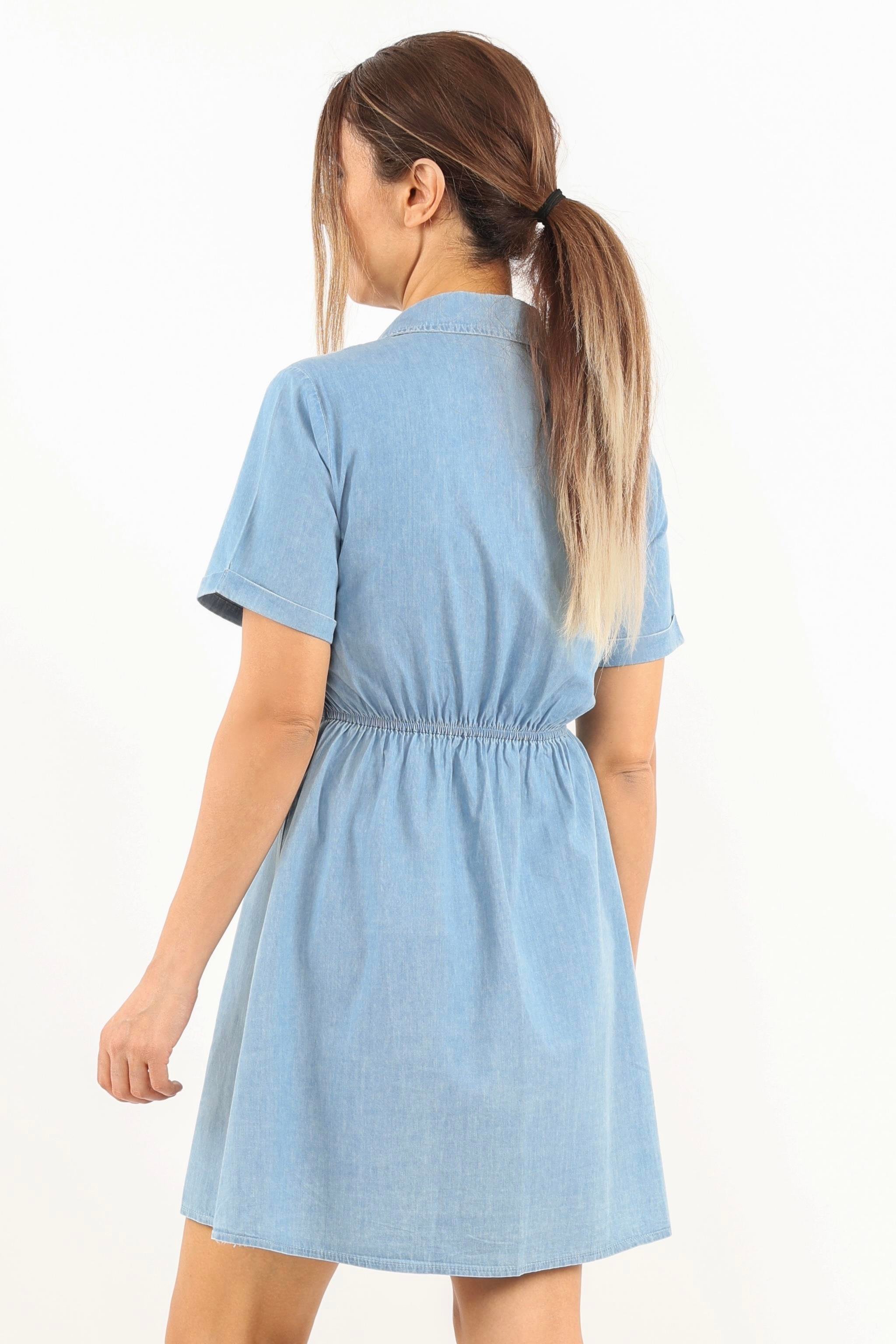 Kadın Soft Denim Bel Lastikli Serta Açık Mavi İnce Pamuk Elbise