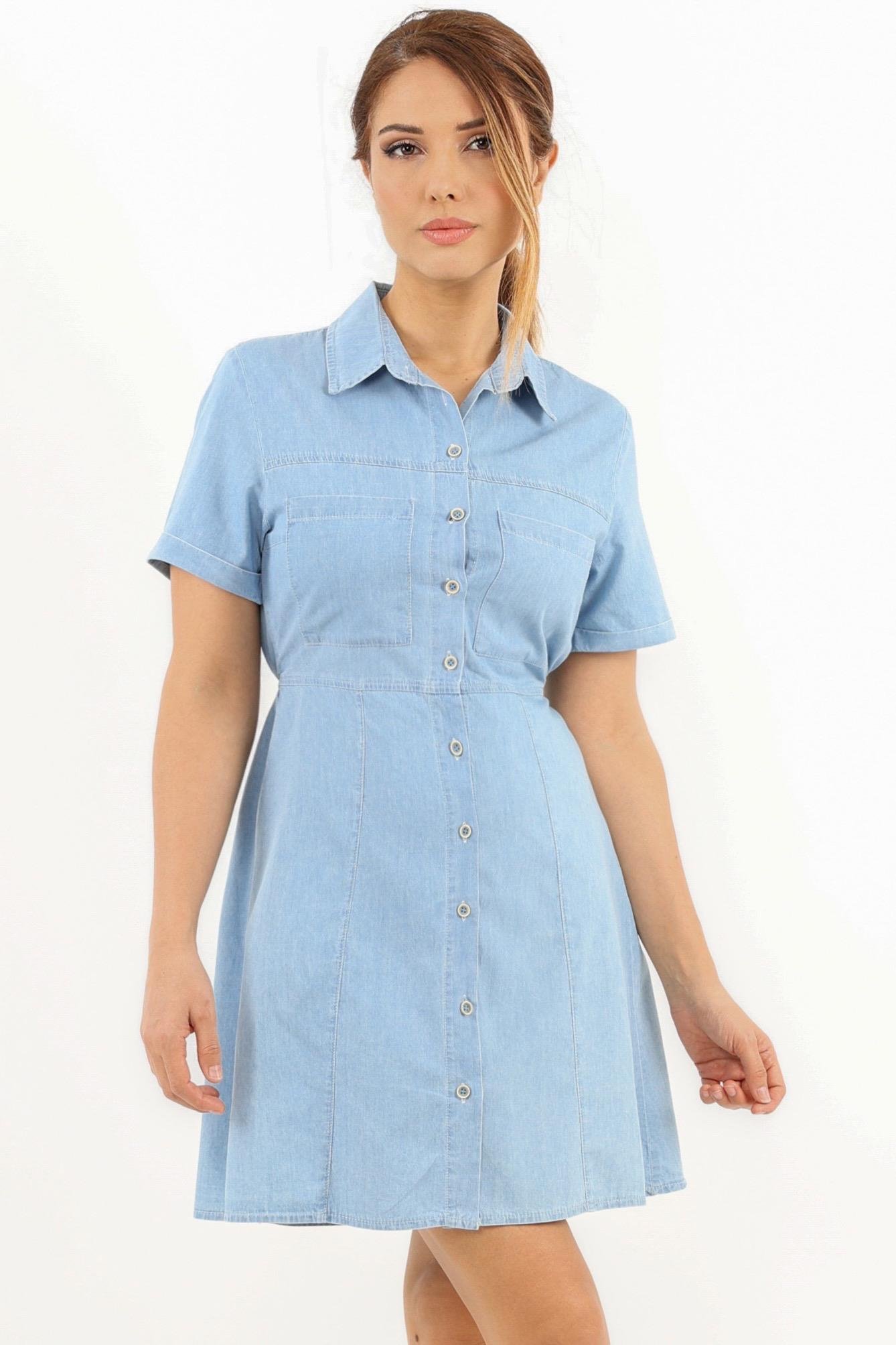 Kadın Soft Denim Bel Lastikli Serta Açık Mavi İnce Pamuk Elbise