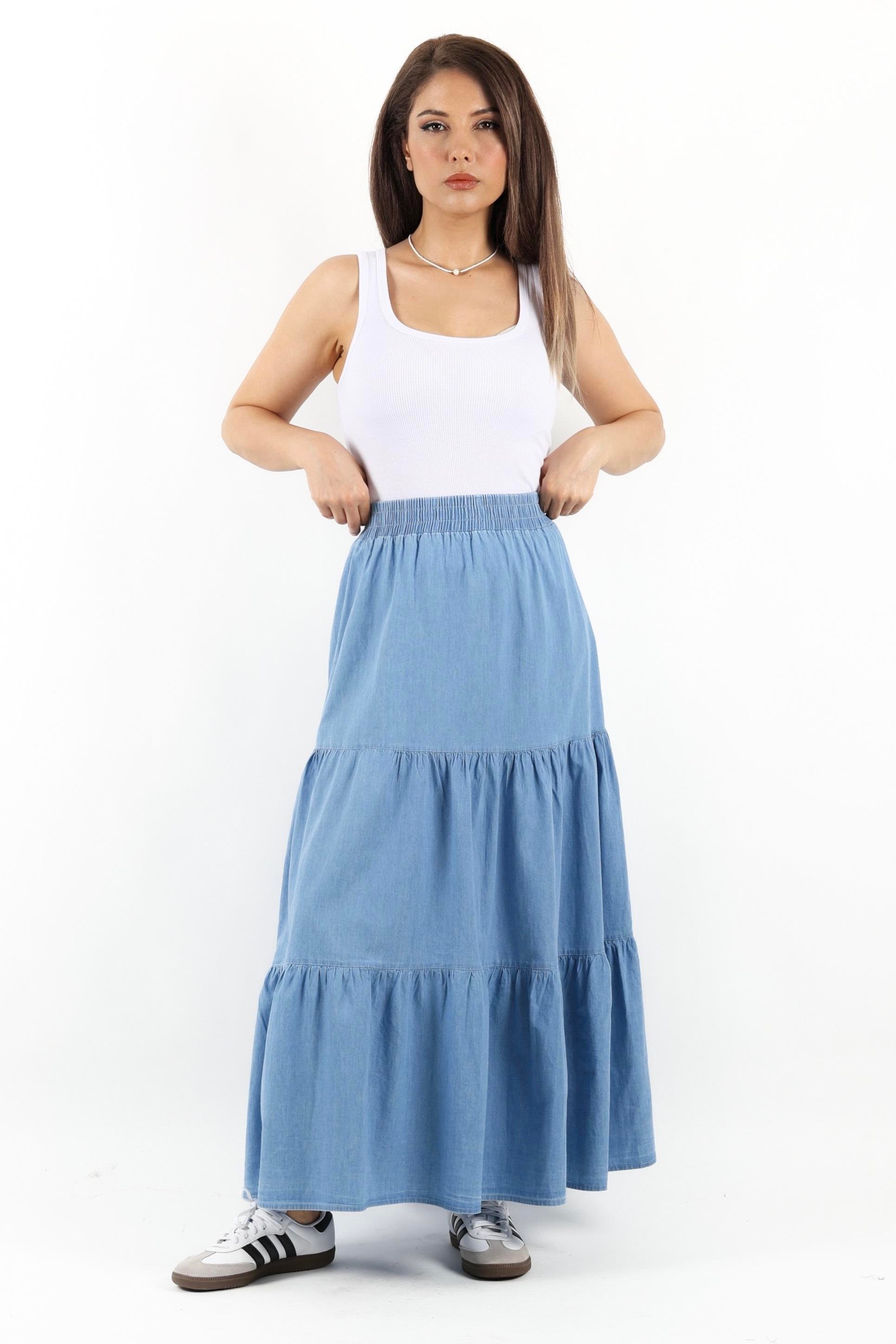 Kadın Sporty Açık Mavi Uzun Yumuşak Jean Etek