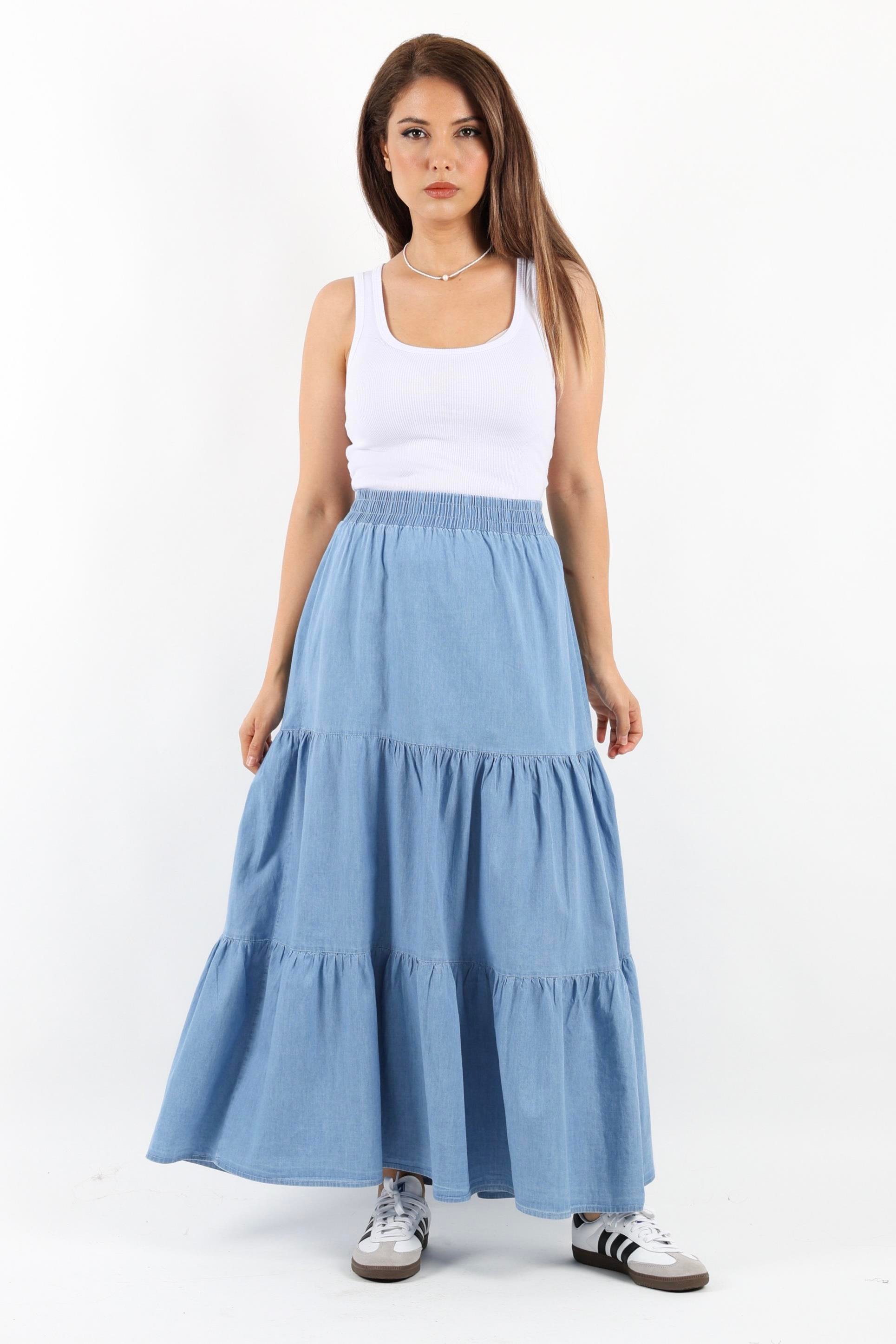 Kadın Sporty Açık Mavi Uzun Yumuşak Jean Etek