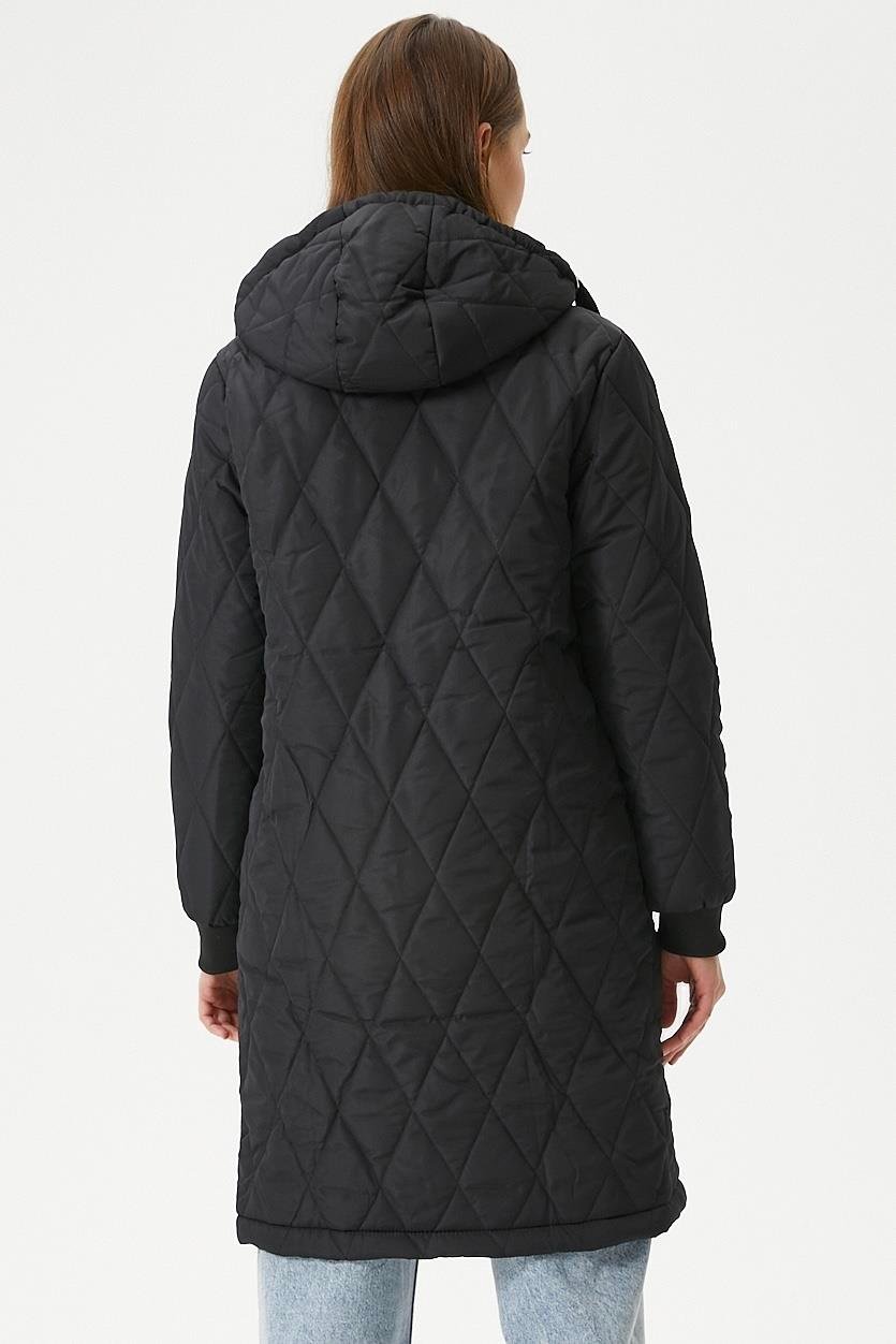 Kadın Sporty Kapüşonlu Kapitone Siyah Kaban