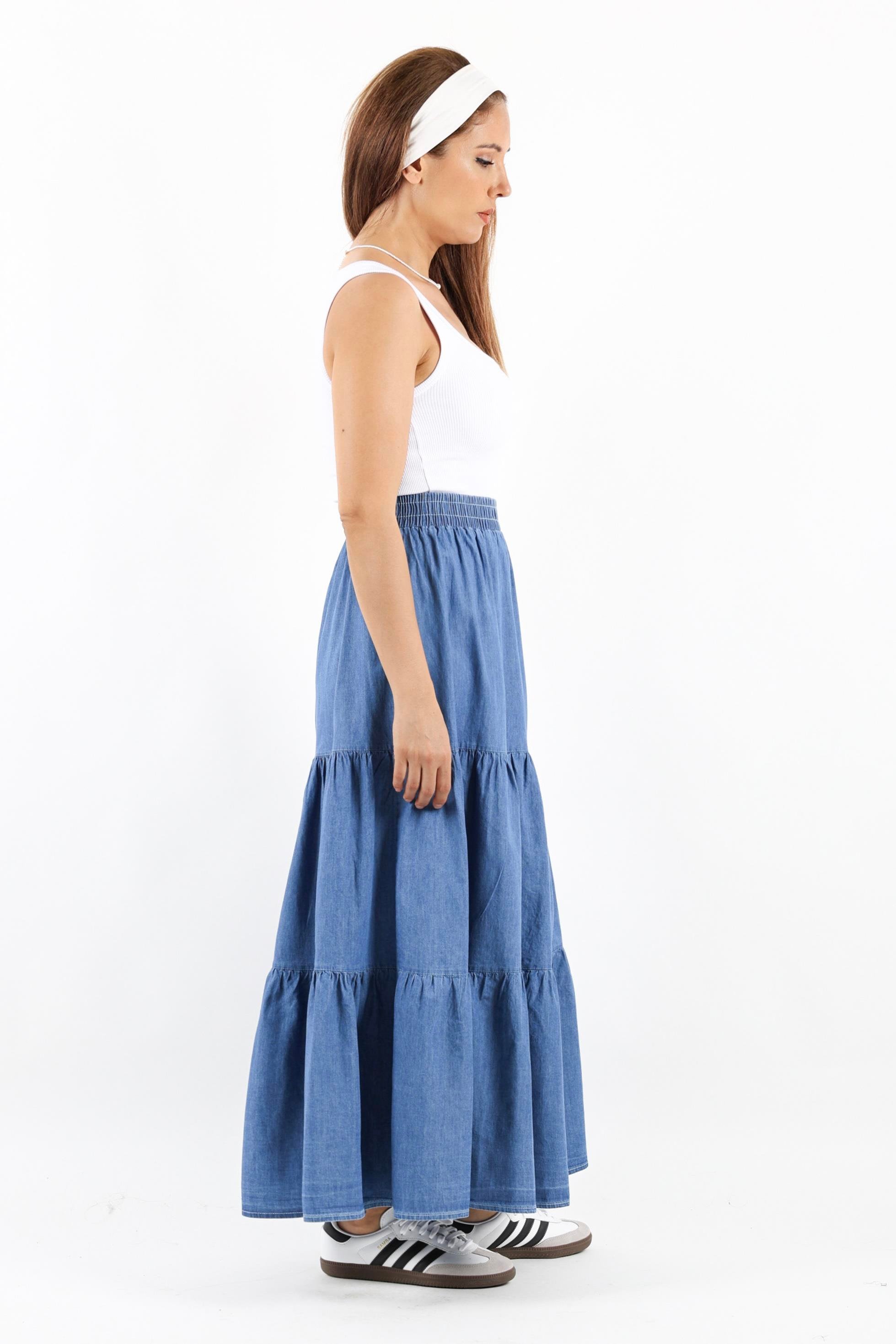 Kadın Sporty Koyu Mavi Uzun Yumuşak Jean Etek