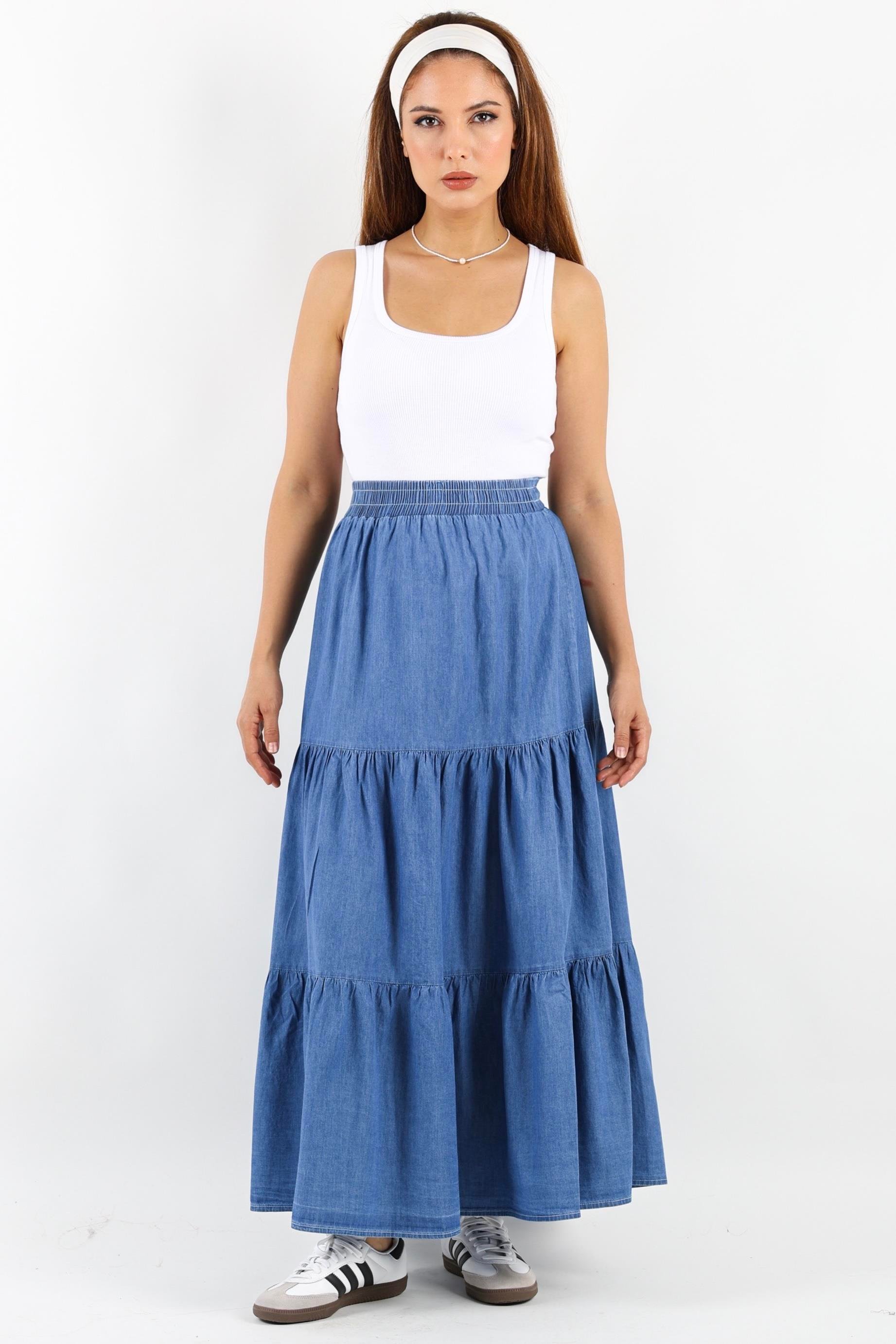 Kadın Sporty Koyu Mavi Uzun Yumuşak Jean Etek