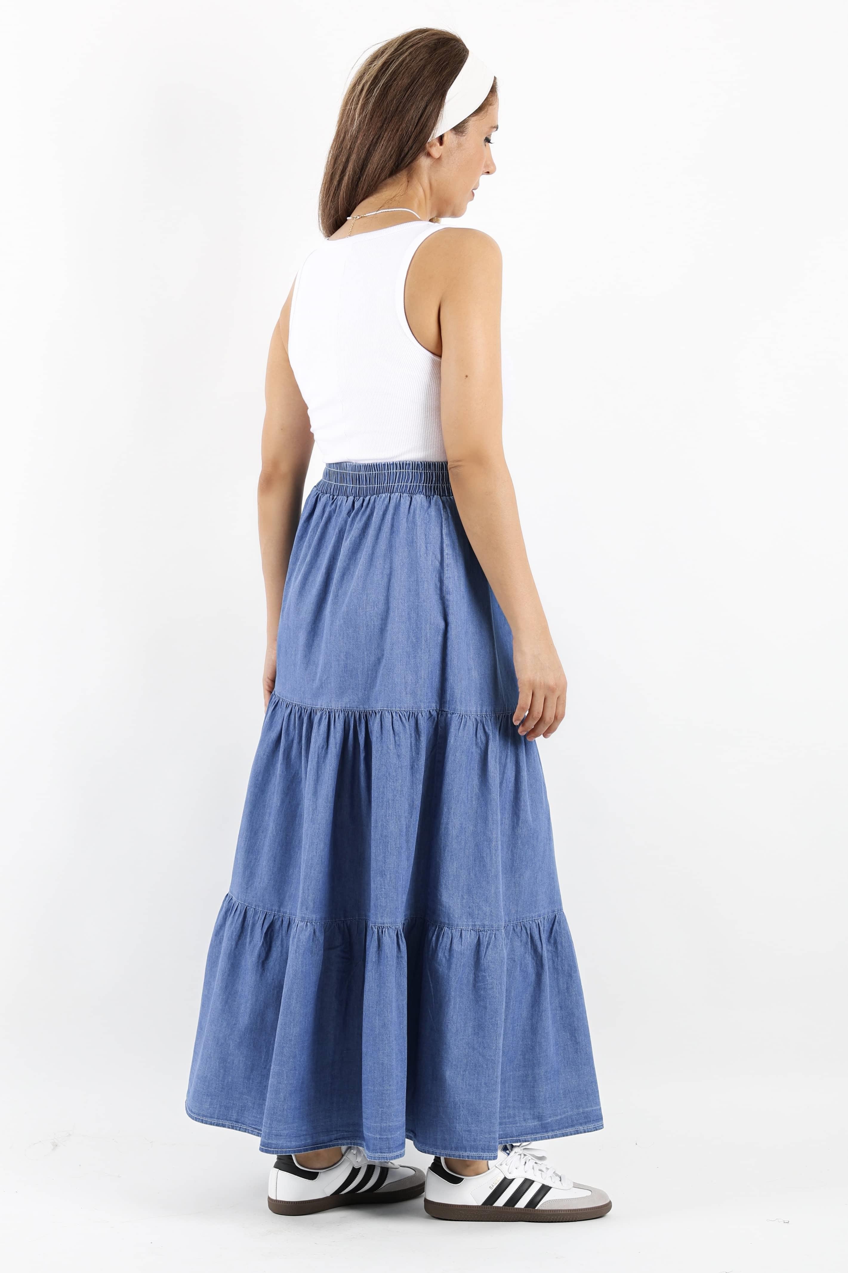 Kadın Sporty Koyu Mavi Uzun Yumuşak Jean Etek