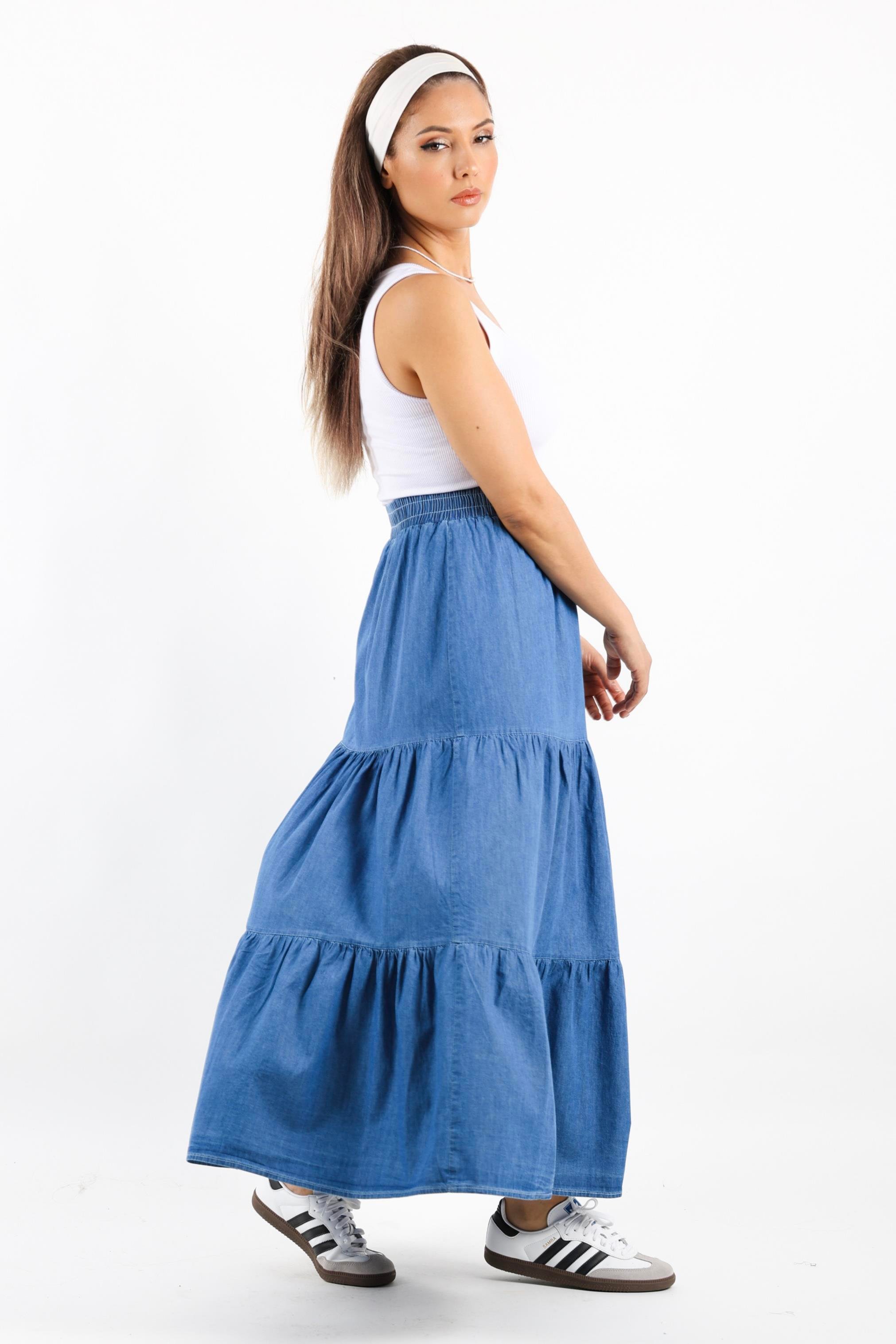 Kadın Sporty Koyu Mavi Uzun Yumuşak Jean Etek