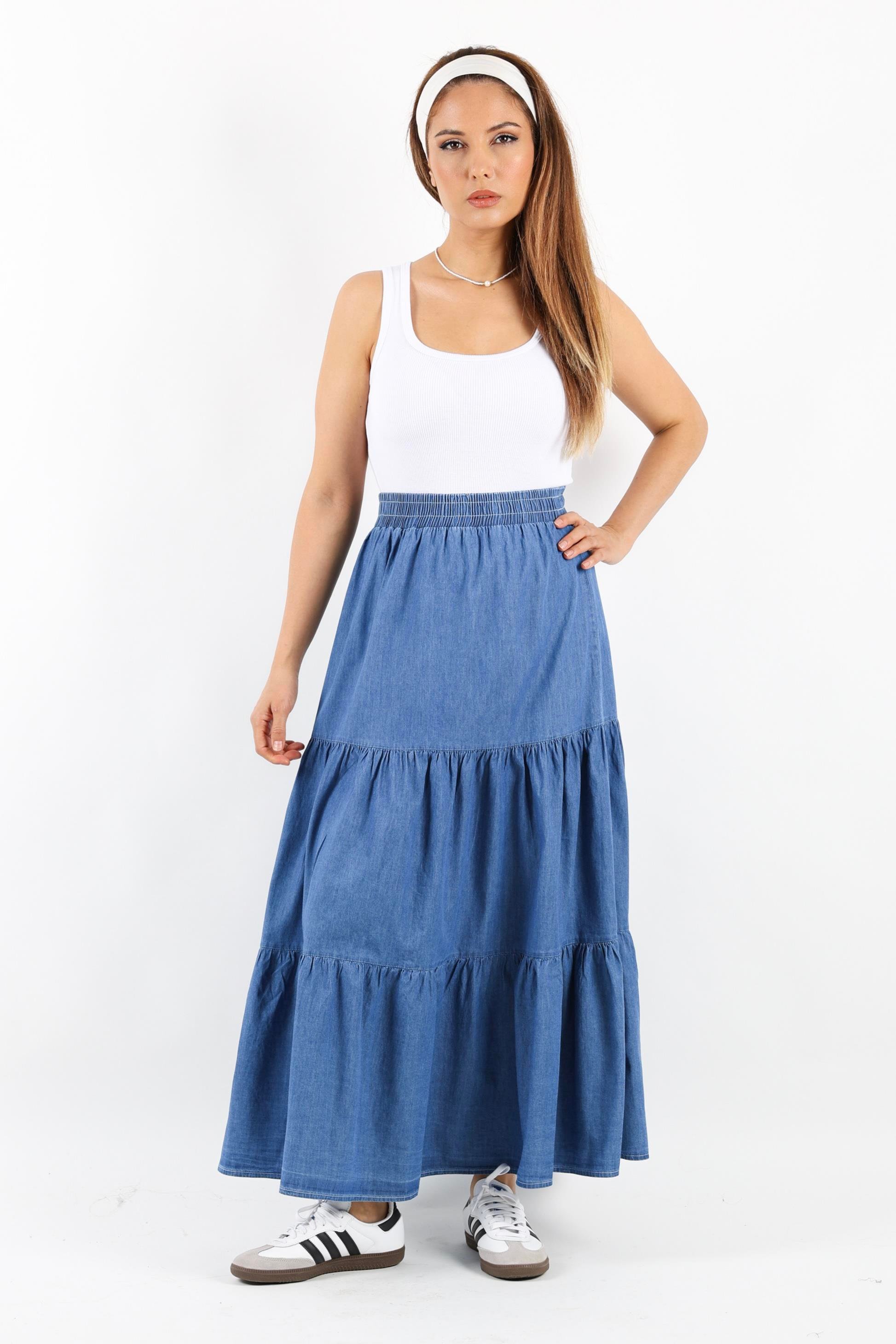 Kadın Sporty Koyu Mavi Uzun Yumuşak Jean Etek