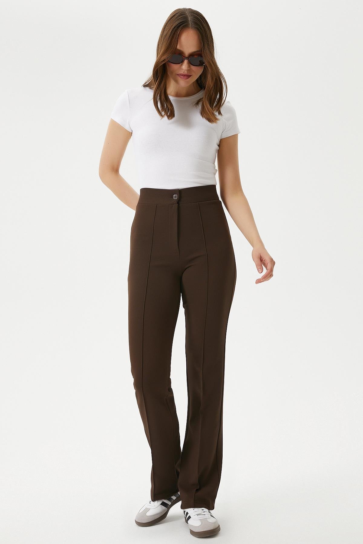 Kadın Straight Likralı Kahverengi Pantolon