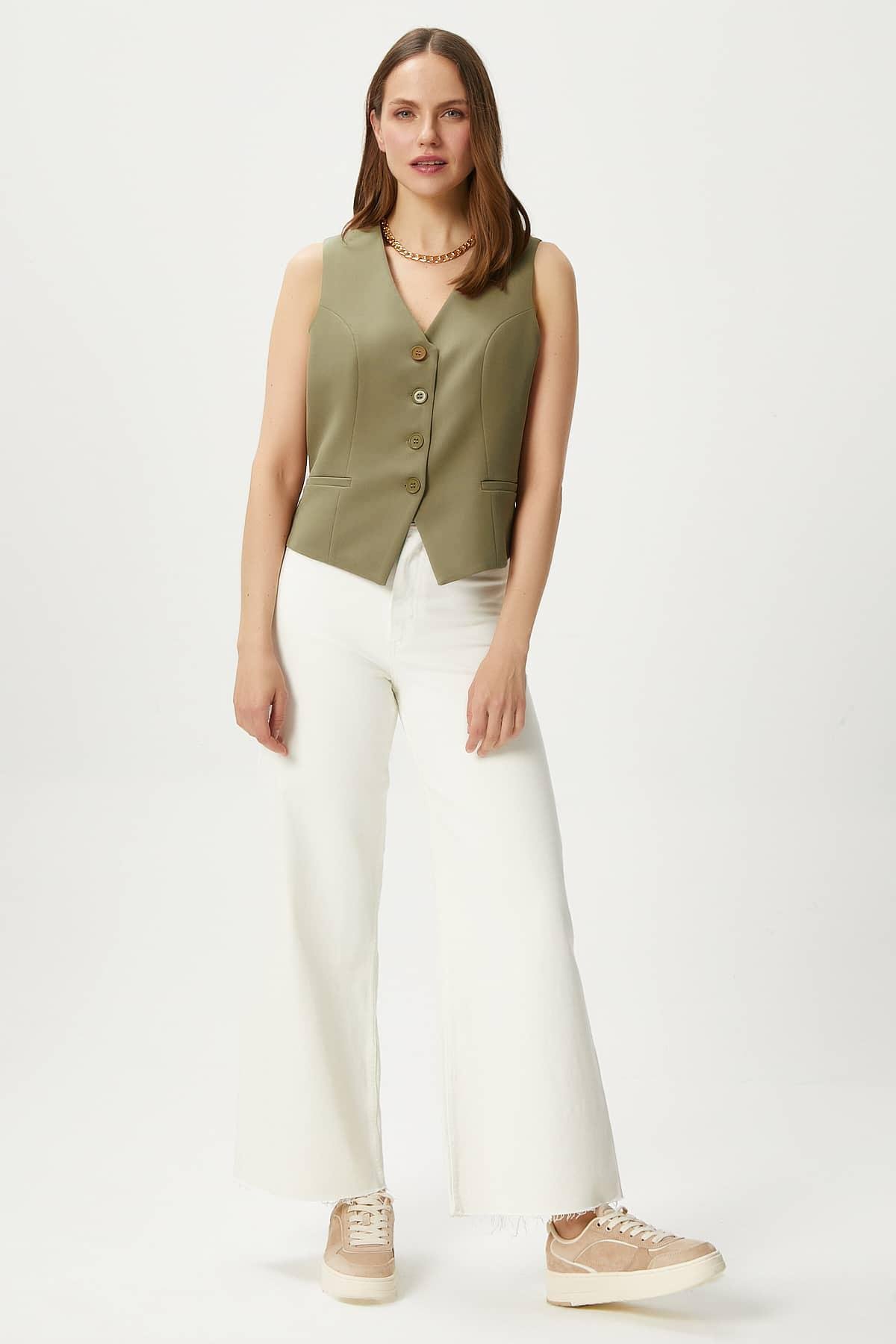 Kadın Style Açık Haki Astarlı Dokuma Yelek