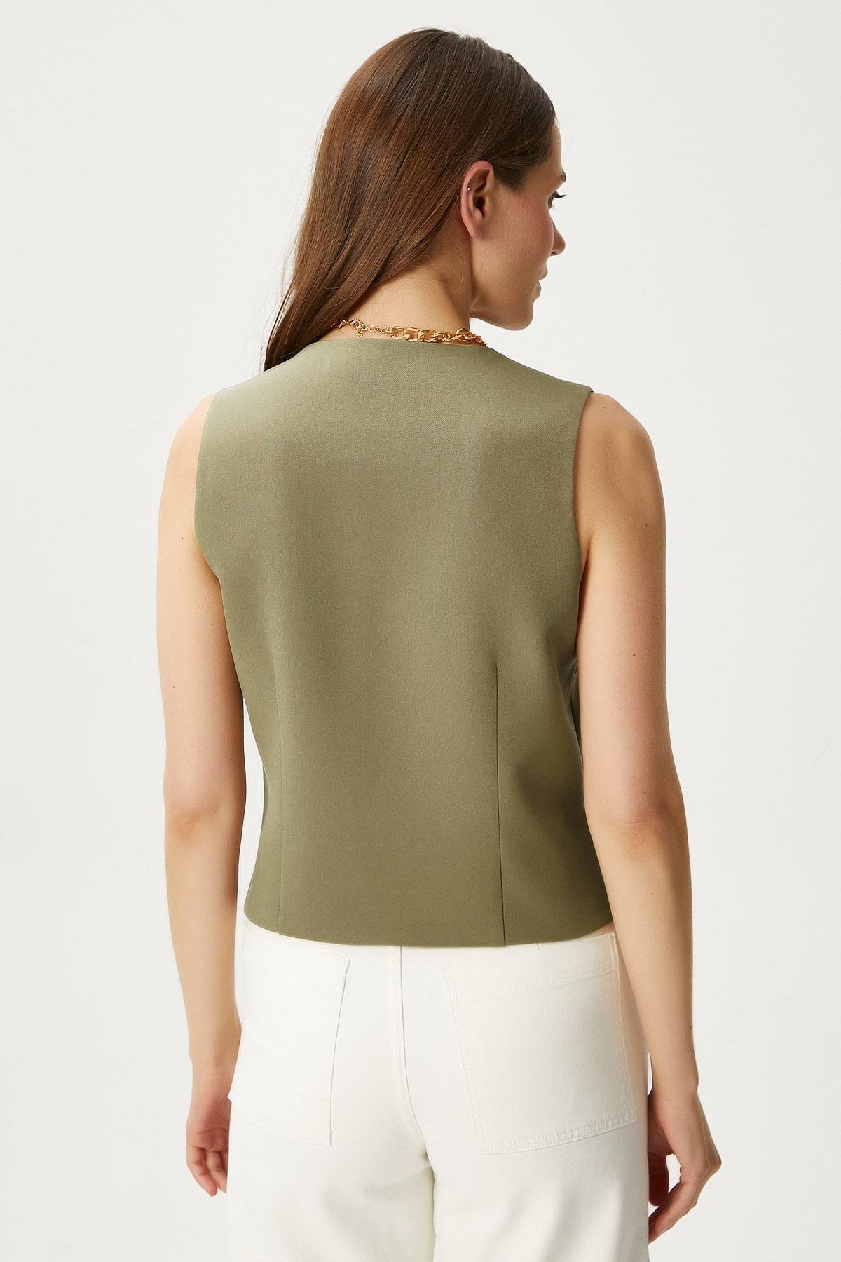 Kadın Style Açık Haki Astarlı Dokuma Yelek