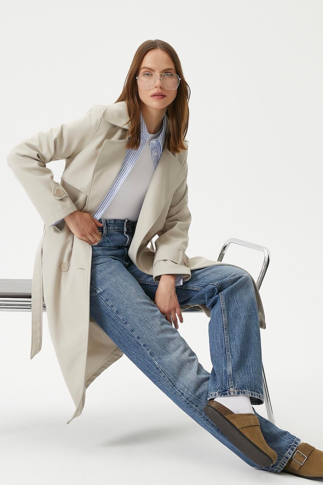 Kadın Style Astarlı Kapaklı Taş Trençkot