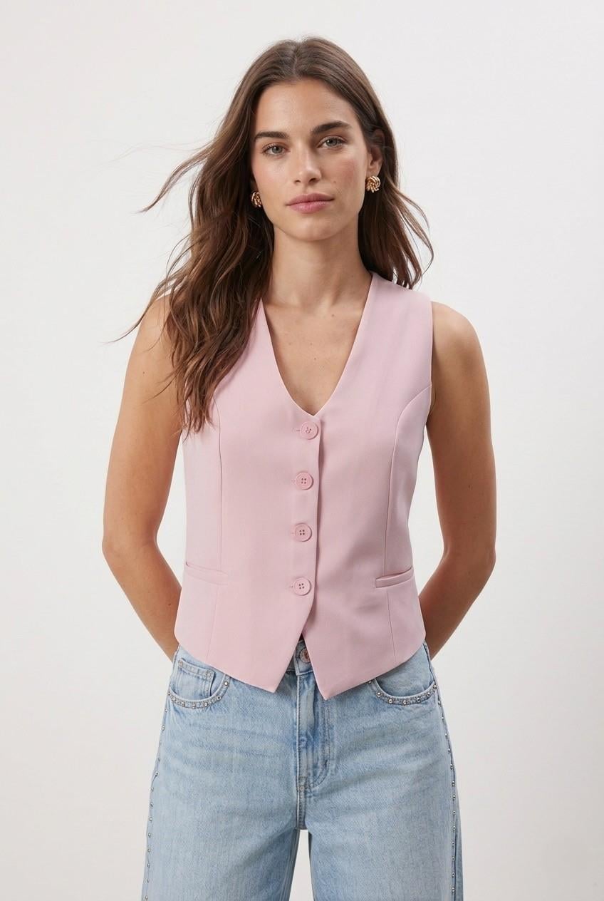 Kadın Style Astarlı Pembe Dokuma Yelek