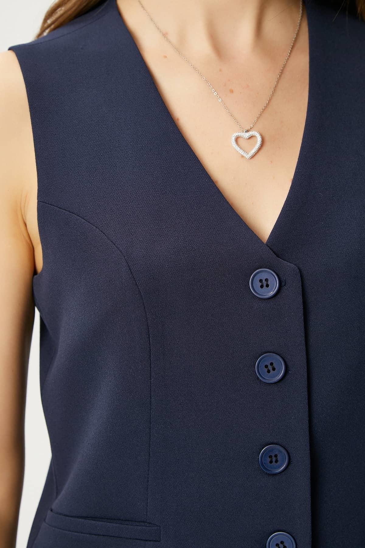 Kadın Style Lacivert Astarlı Dokuma Yelek