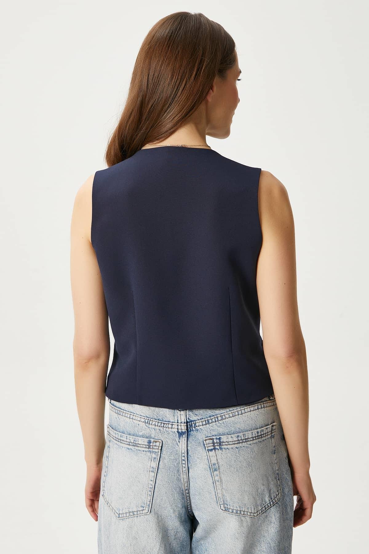 Kadın Style Lacivert Astarlı Dokuma Yelek