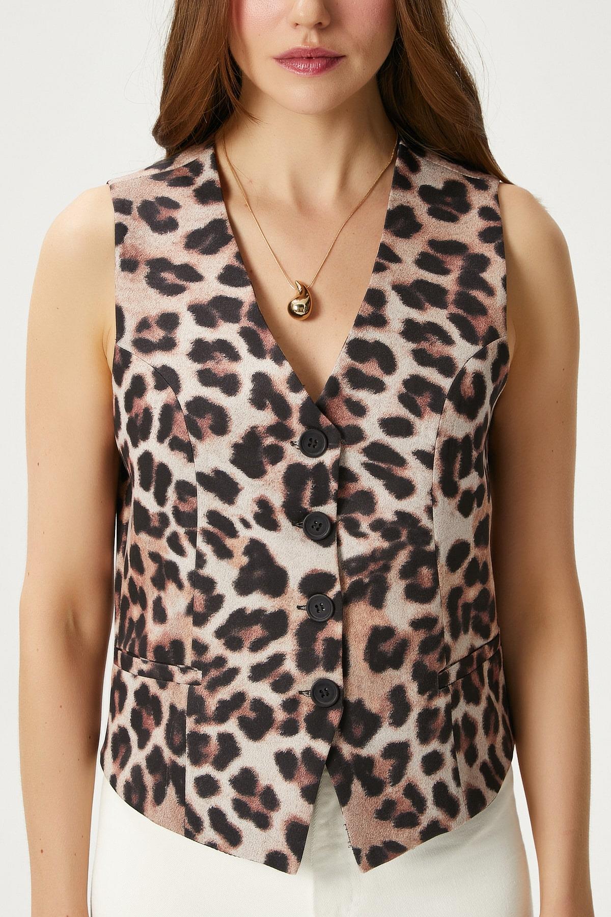 Kadın Style Leopar Astarlı Dokuma Yelek