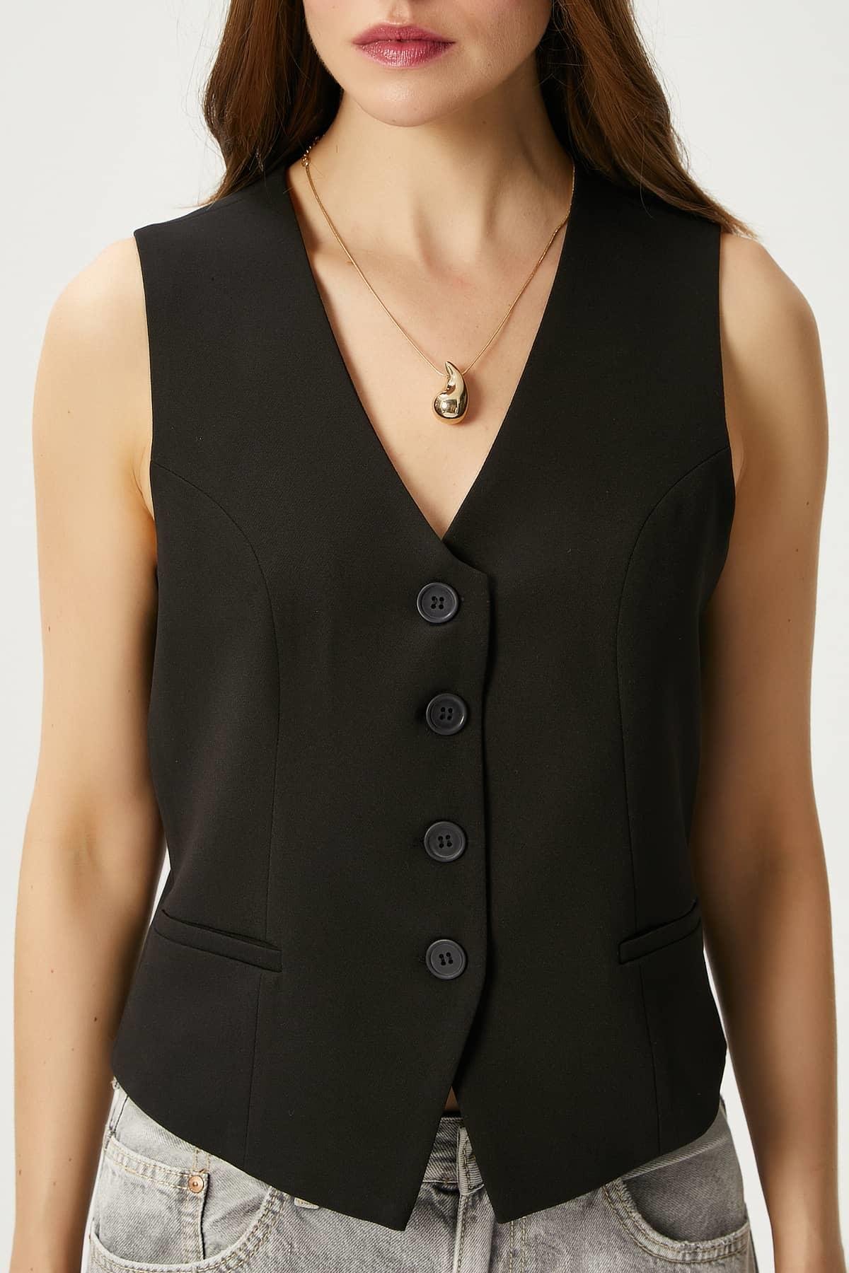 Kadın Style Siyah Astarlı Dokuma Yelek