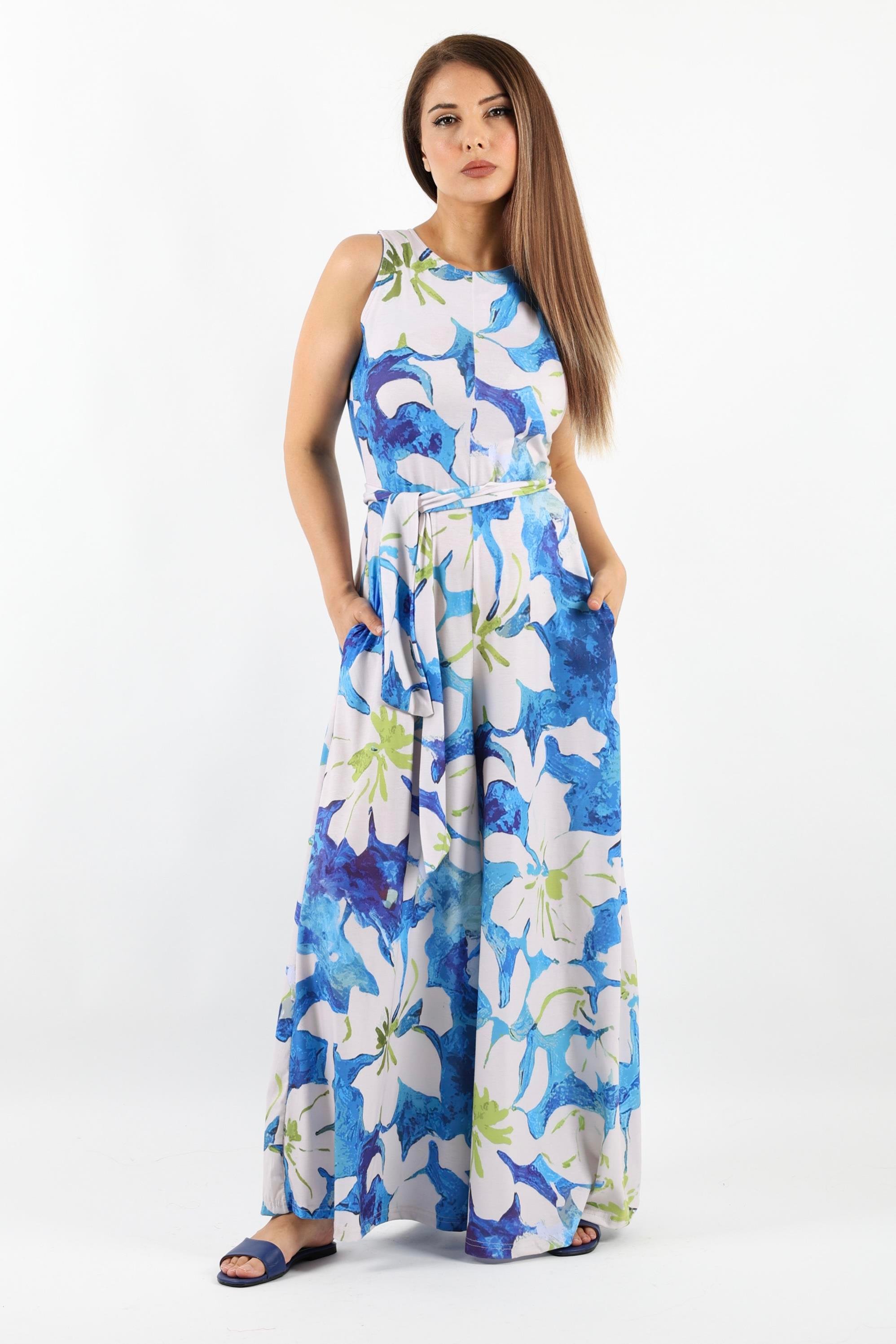 Kadın Summer Likralı Kuşaklı Geniş Paça Tulum