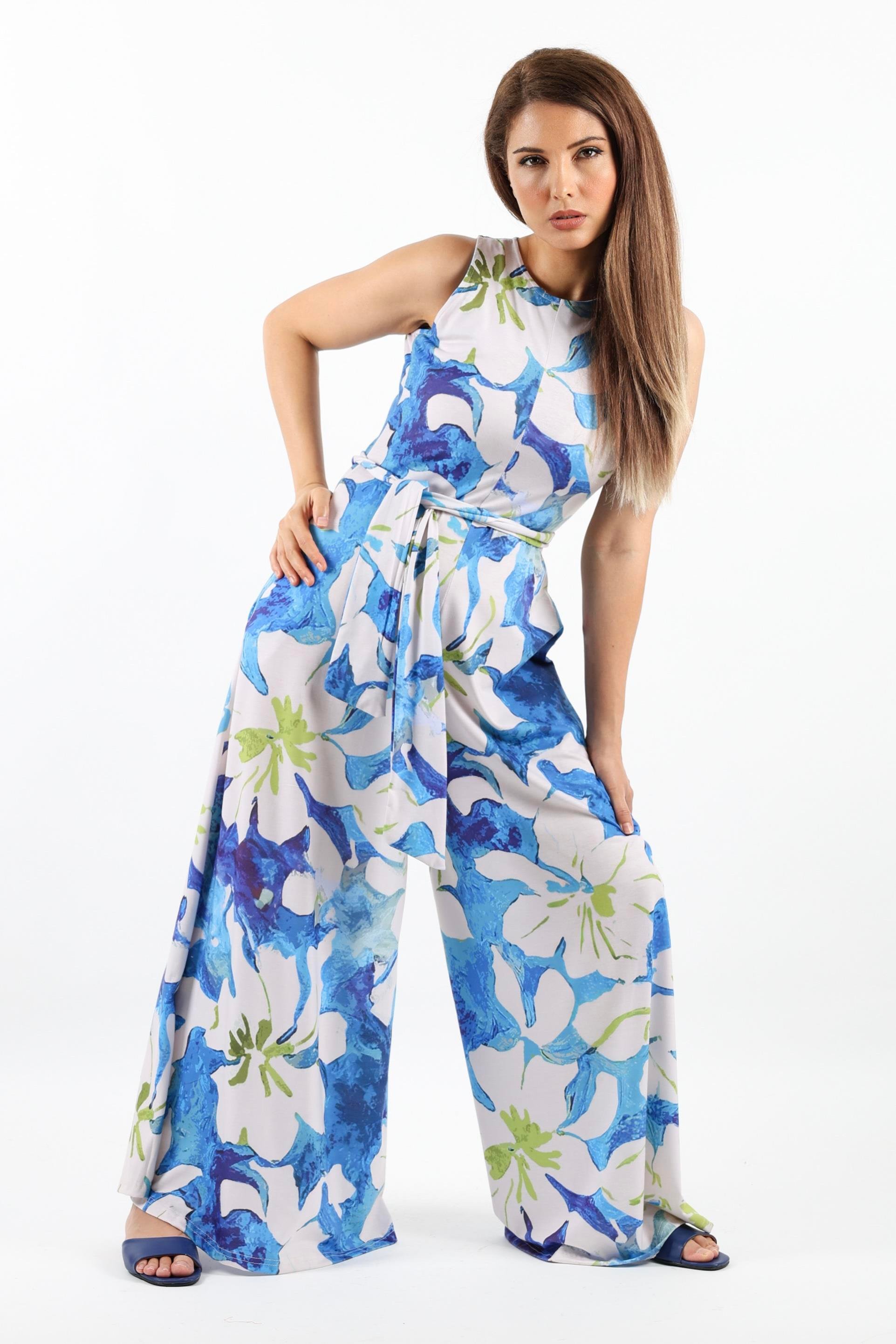 Kadın Summer Likralı Kuşaklı Geniş Paça Tulum