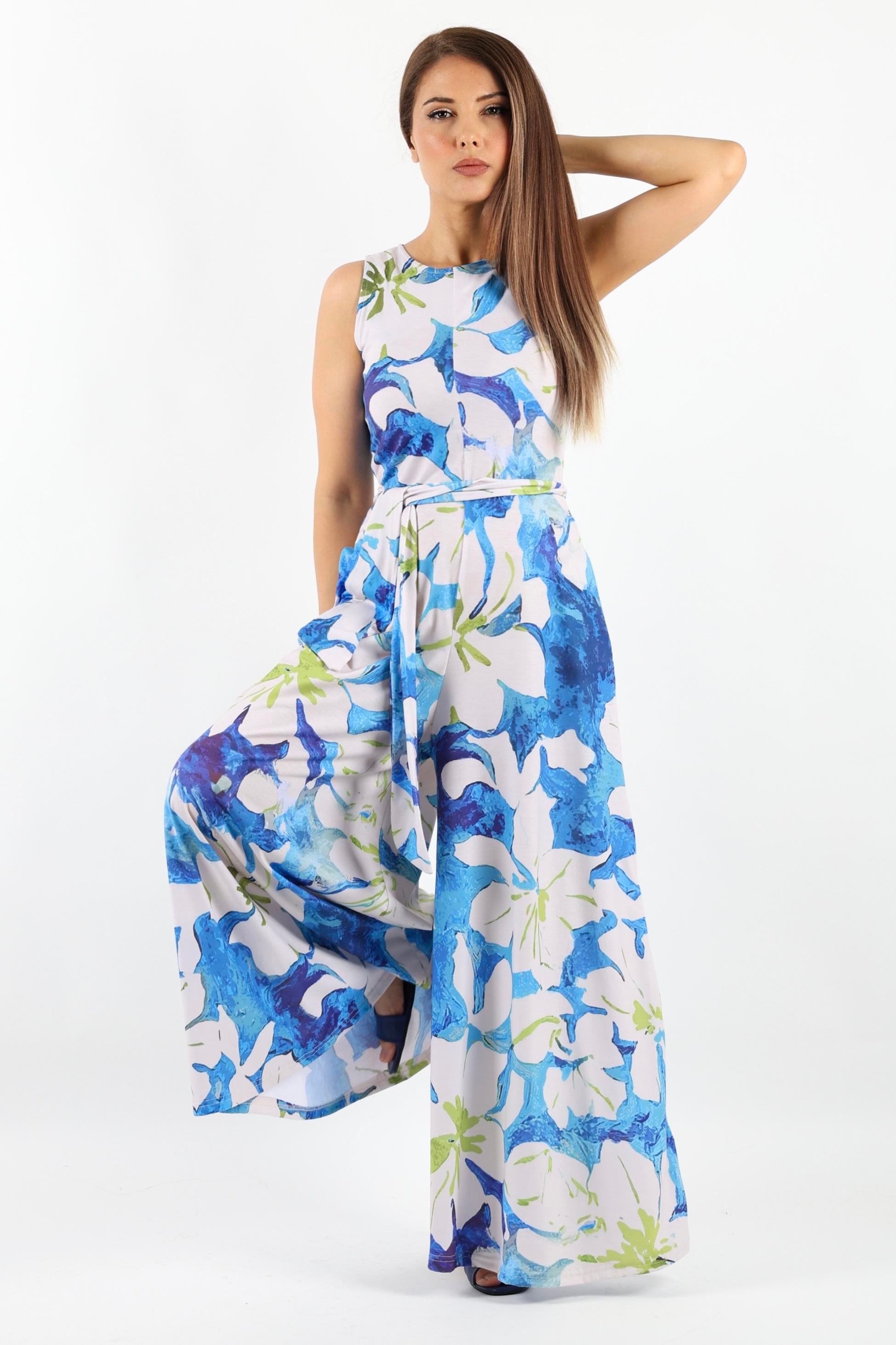 Kadın Summer Likralı Kuşaklı Geniş Paça Tulum