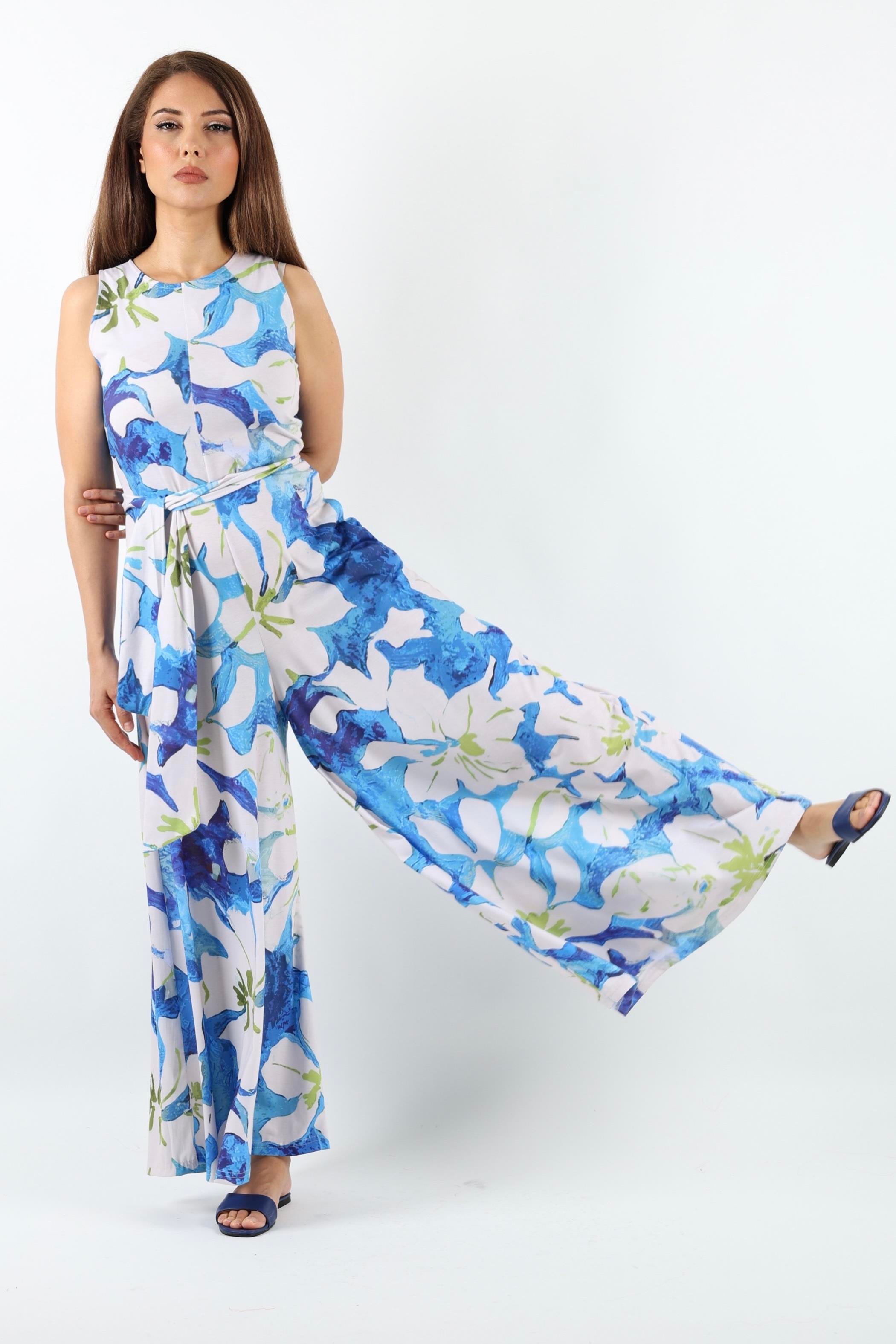 Kadın Summer Likralı Kuşaklı Geniş Paça Tulum