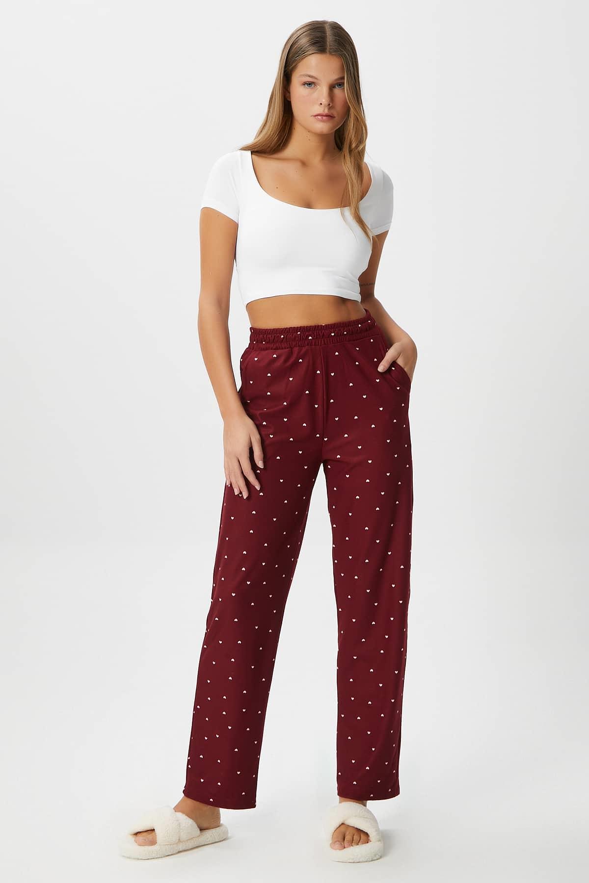 Kadın Teddi Ultra Yumuşak Cepli Bordo Kalp Desen Yılbaşı Pijama Altı